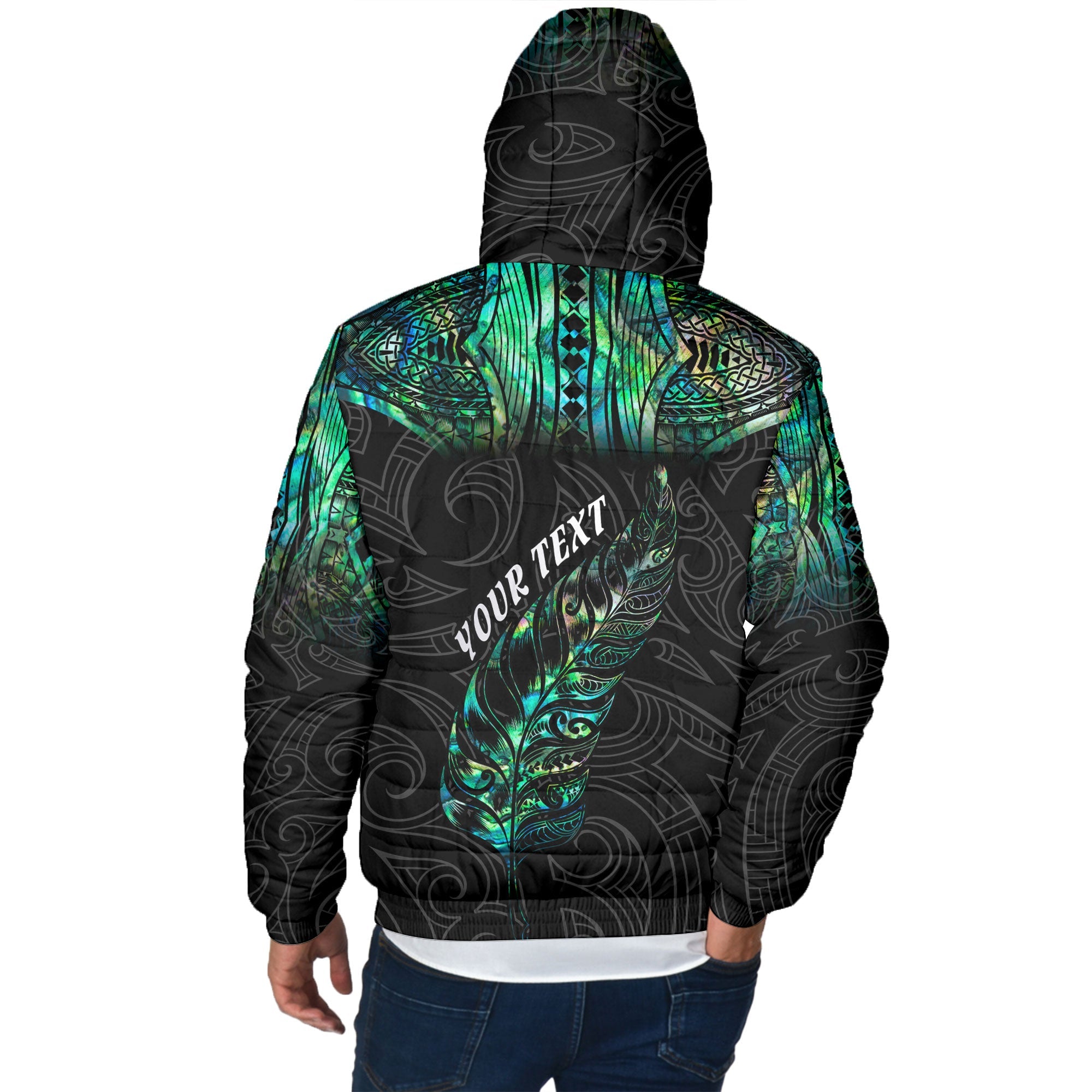 Custom New Zealand Rugby Men Hooded Padded Jacket Maori mix Paua Shell Rugby Silver Fern Aotearoa - LH1