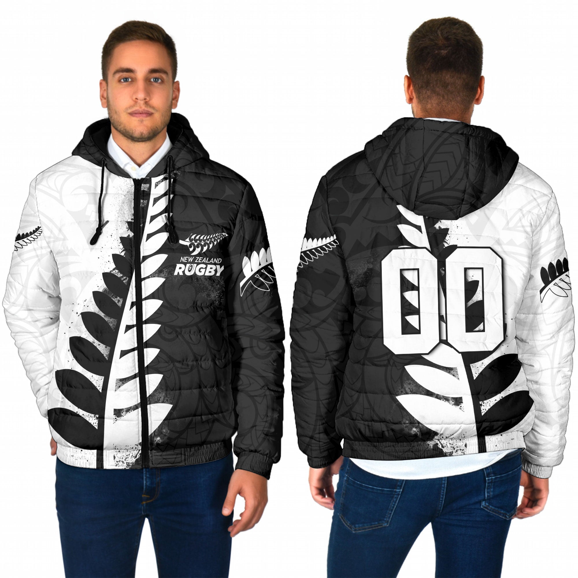 Custom New Zealand Rugby Men Hooded Padded Jacket Silver Fern Style