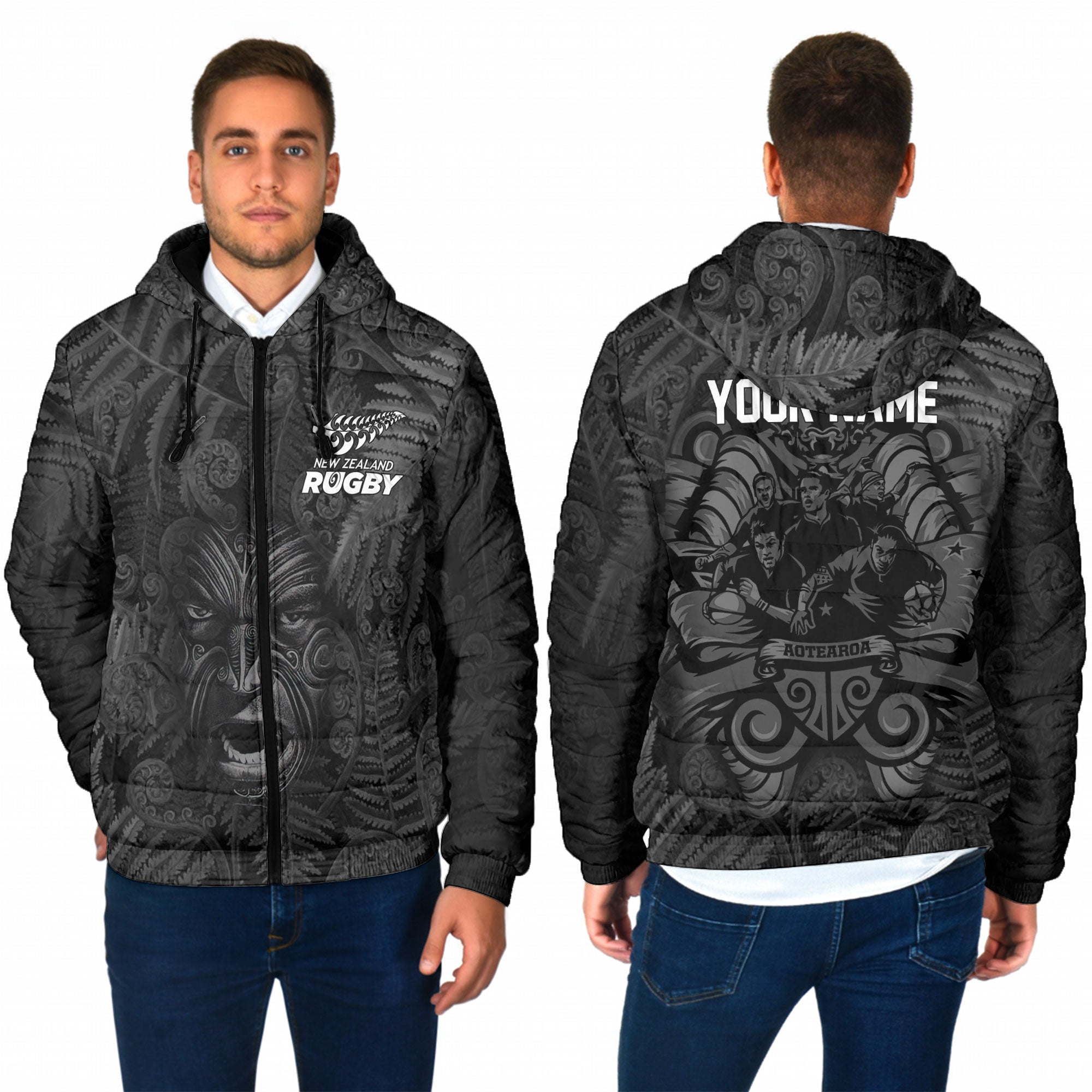 Custom New Zealand Rugby Men Hooded Padded Jacket Silver Fern & Maori Warrior Style