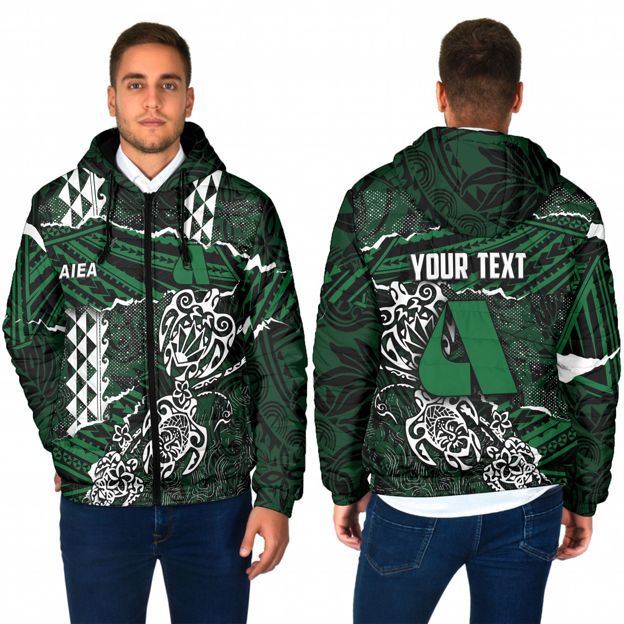 Hawaii Aiea High School Custom Men Hooded Padded Jacket Polynesian Turtle Style