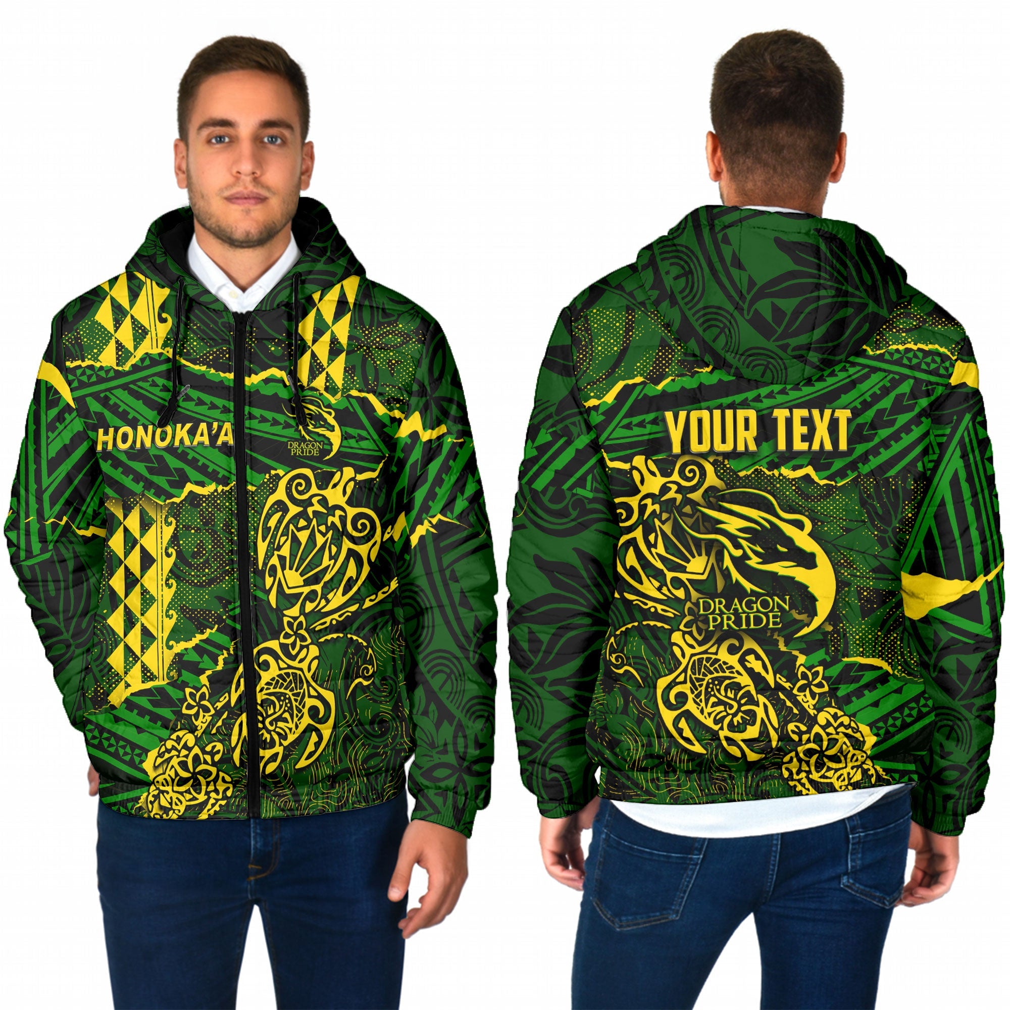 Hawaii Honoka High & Intermediate School Custom Men Hooded Padded Jacket Polynesian Turtle Style