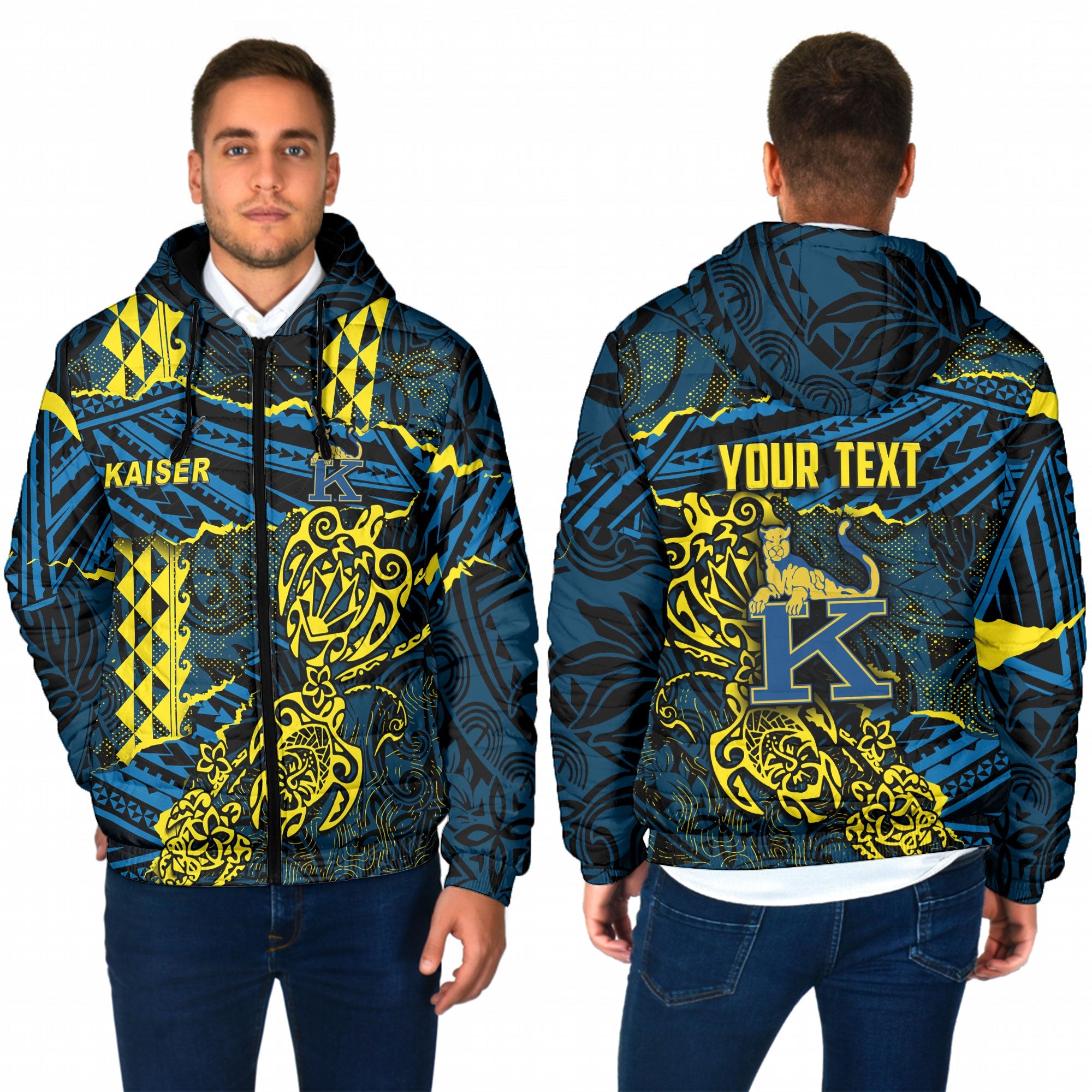 Hawaii Kaiser High School Custom Men Hooded Padded Jacket Polynesian Turtle Style