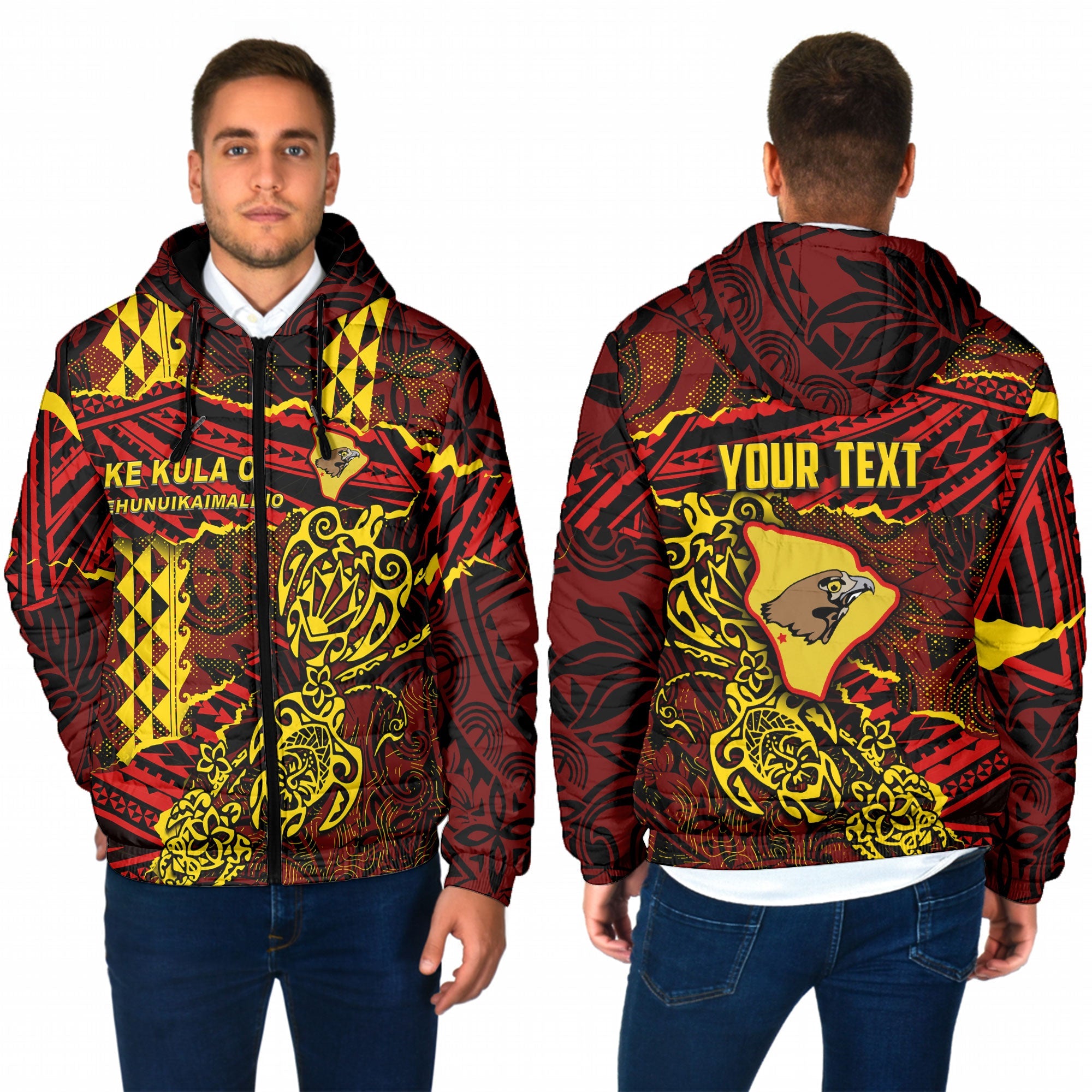 Hawaii Ke Kula O Ehunuikaimalino School Custom Men Hooded Padded Jacket Polynesian Turtle Style