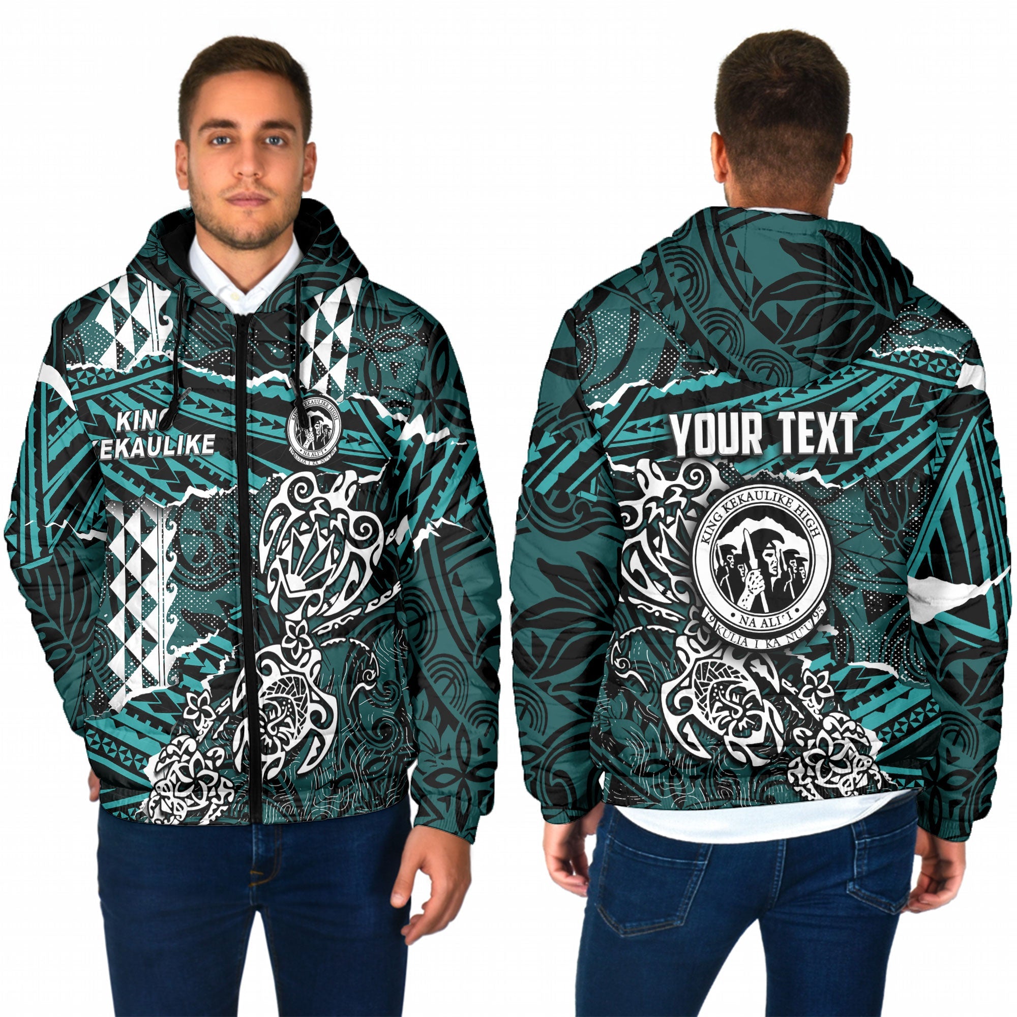 Hawaii King Kekaulike High School Custom Men Hooded Padded Jacket Polynesian Turtle Style