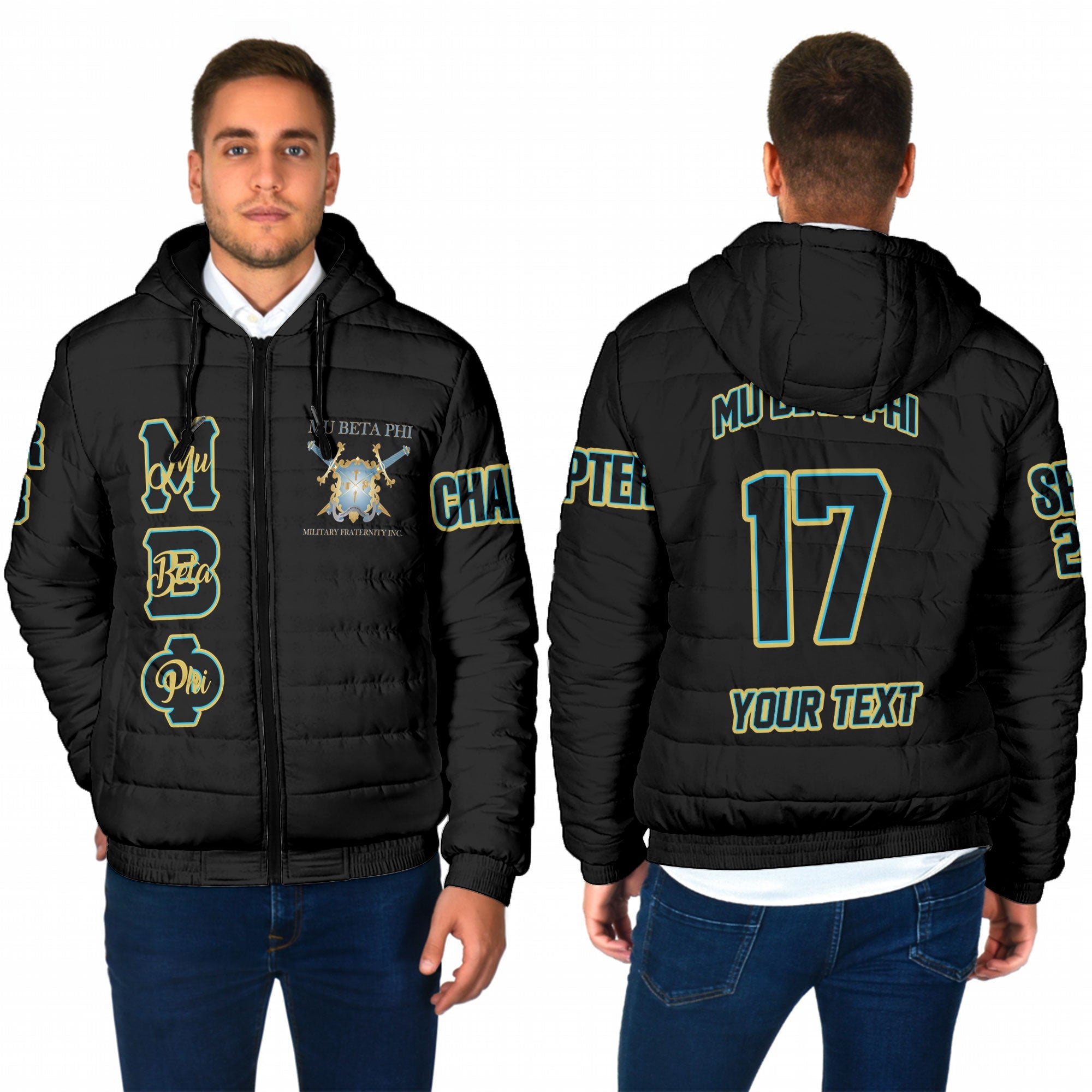 Fraternity Jacket - Personalized Mu Beta Phi Men Hooded Padded Jacket Original Black Style