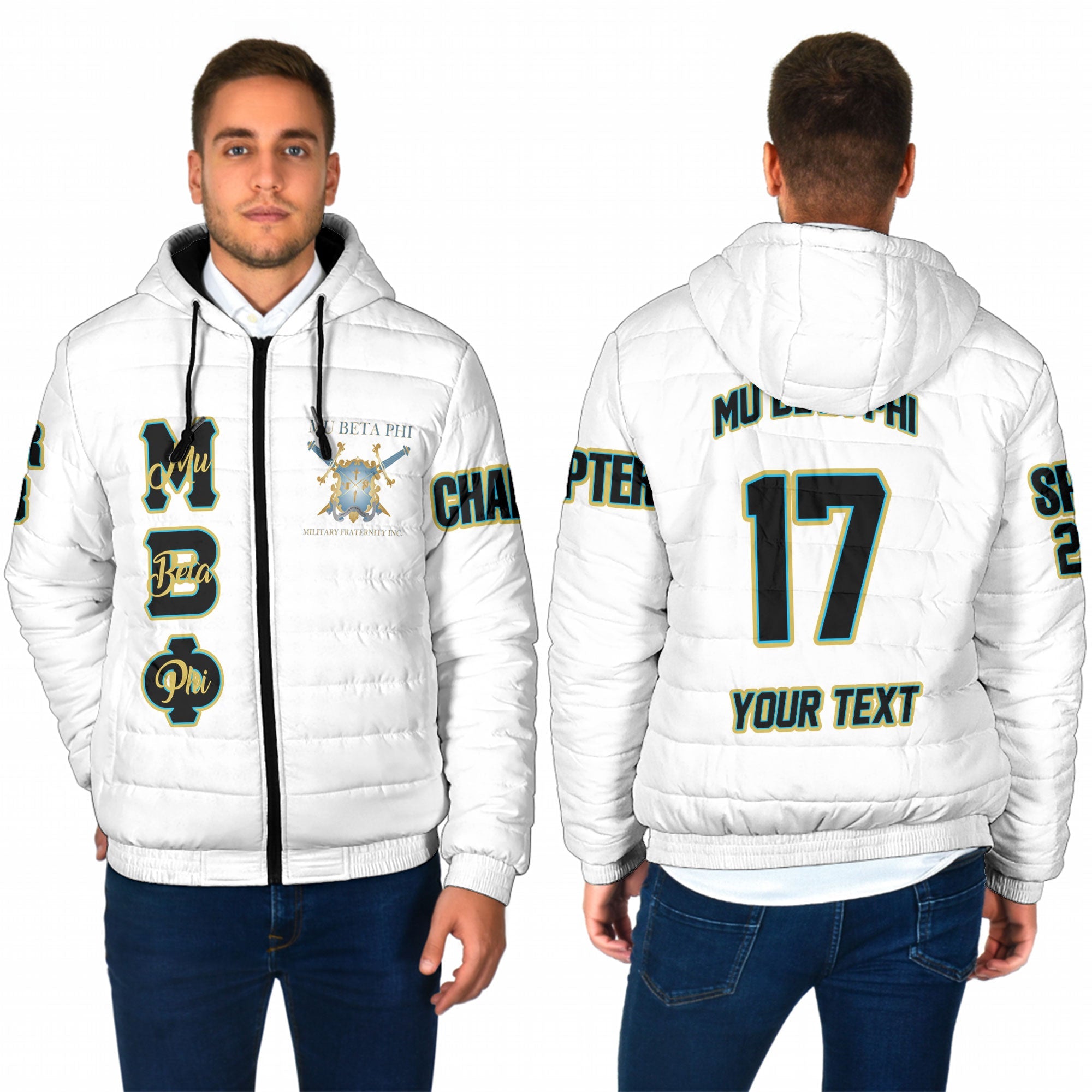 Fraternity Jacket - Personalized Mu Beta Phi Men Hooded Padded Jacket Original White Style