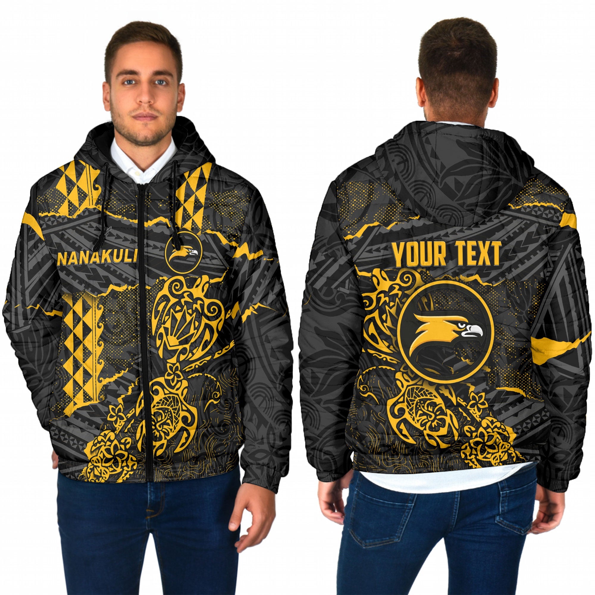 Hawaii Nanakuli High School Custom Men Hooded Padded Jacket Polynesian Turtle Style