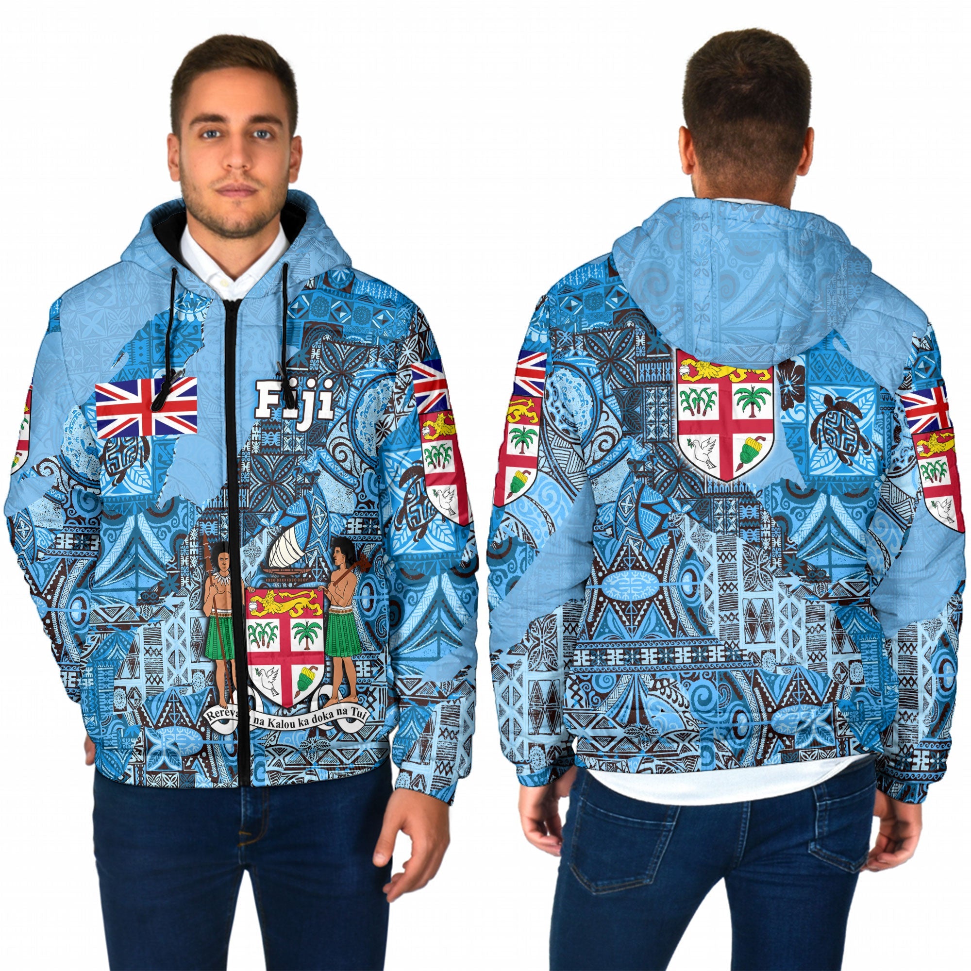 Fiji Flag & Coat Of Arms Men Hooded Padded Jacket