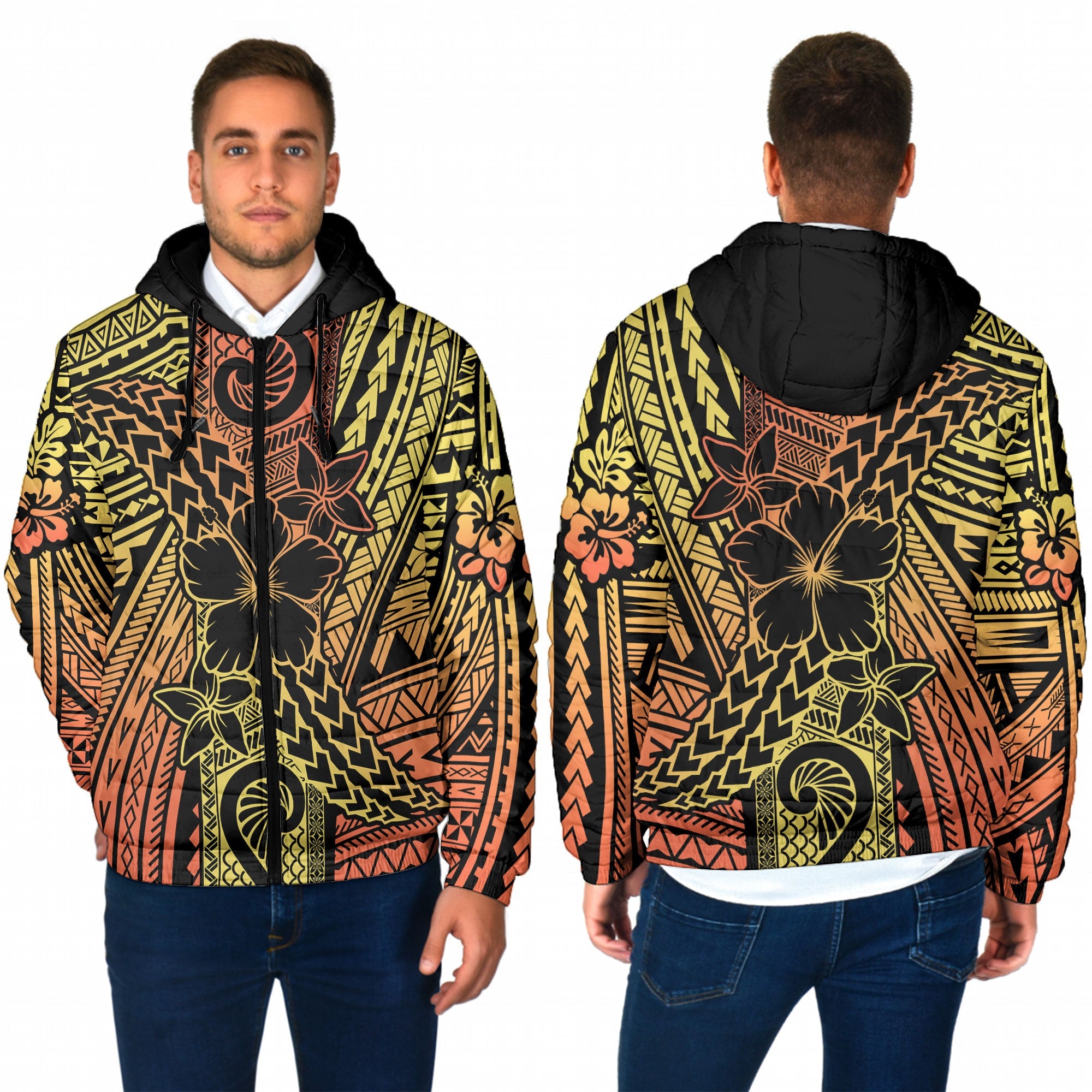 Hawaiian Reggae Men Hooded Padded Jacket Polynesian Hibiscus Style