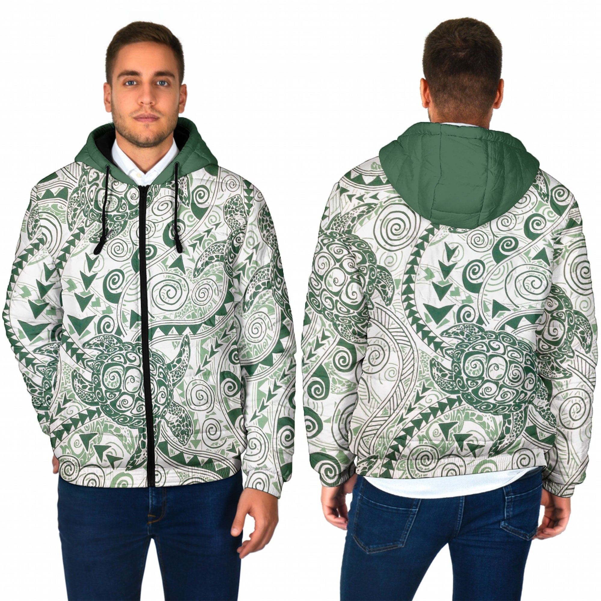 Hawaii Polynesian Turtle Men Hooded Padded Jacket Green Style