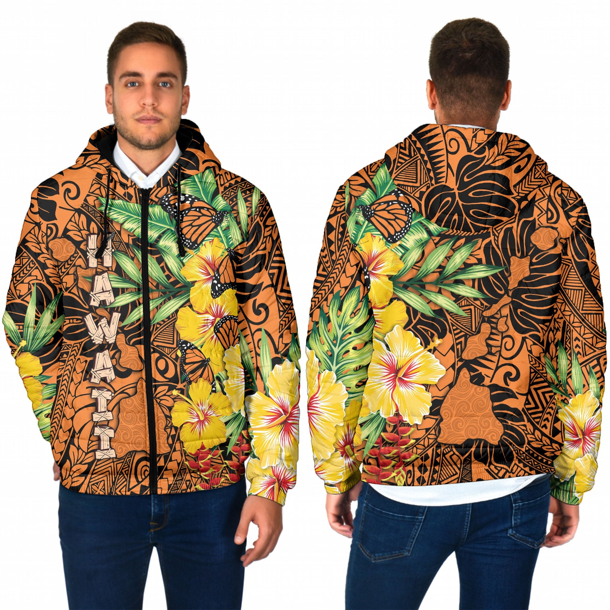 Hawaii Men Hooded Padded Jacket Kamehameha Butterfly Tropical Style