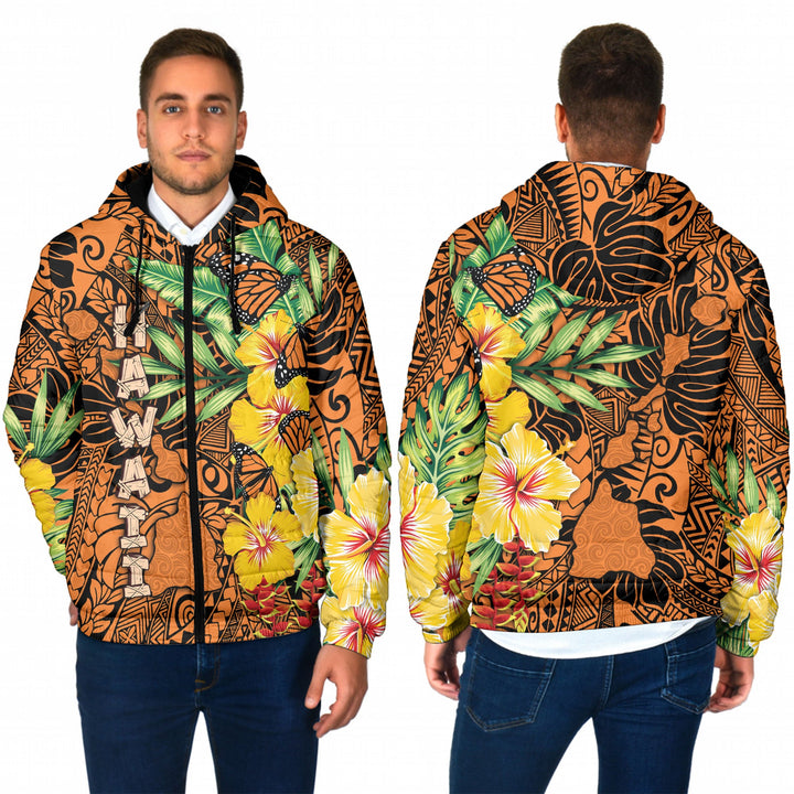 Hawaii Men Hooded Padded Jacket Kamehameha Butterfly Tropical Style