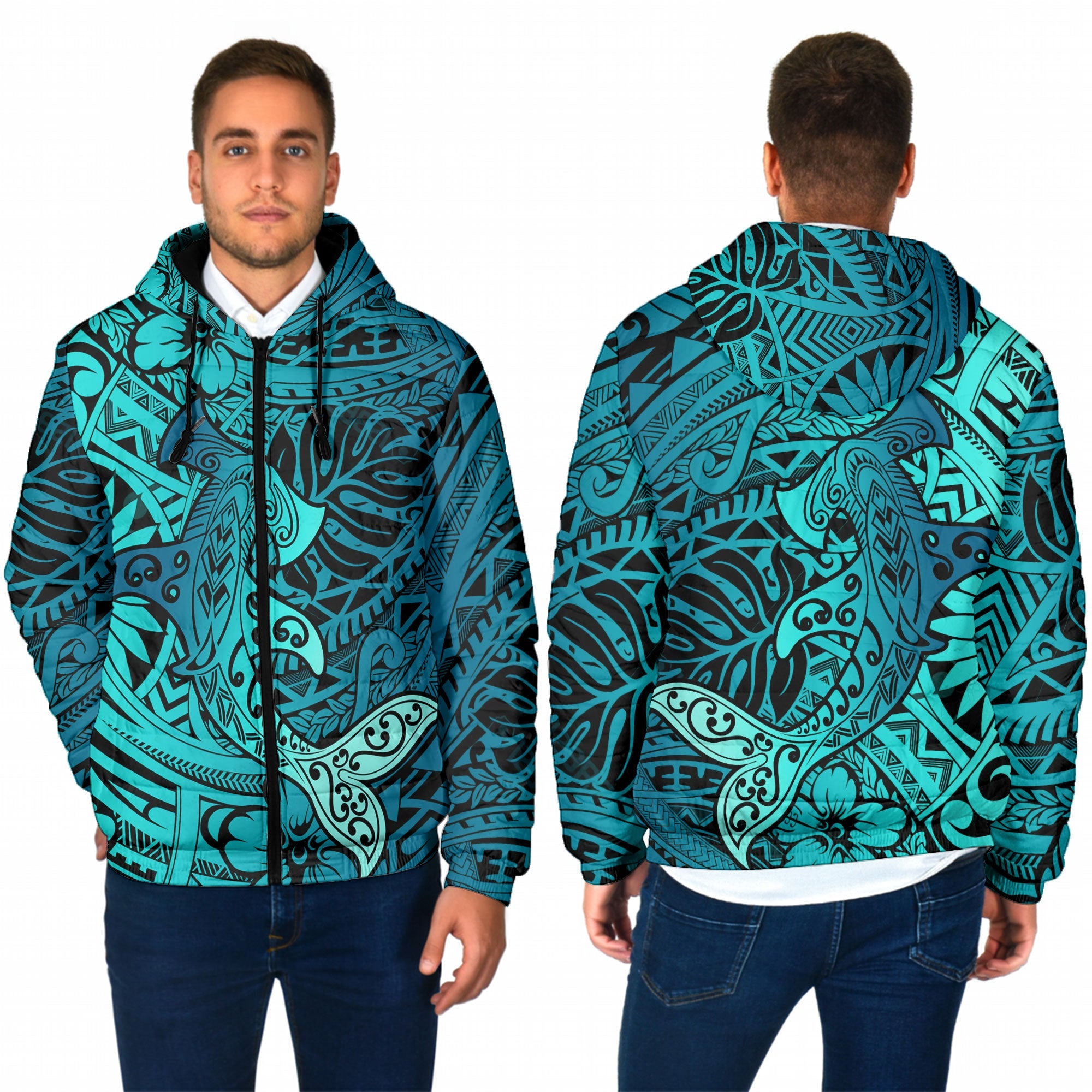 Hawaii Hammerhead Shark Men Hooded Padded Jacket Light See Blue Style