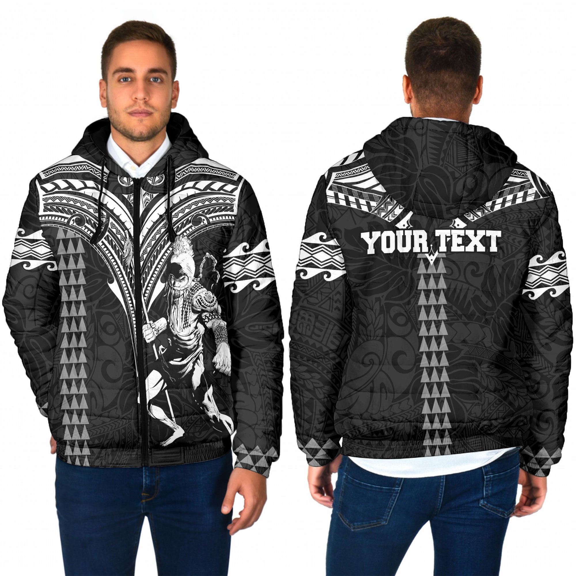 Custom Hawaii Ikaika Warrior Men Hooded Padded Jacket Polynesian Tattoo Style