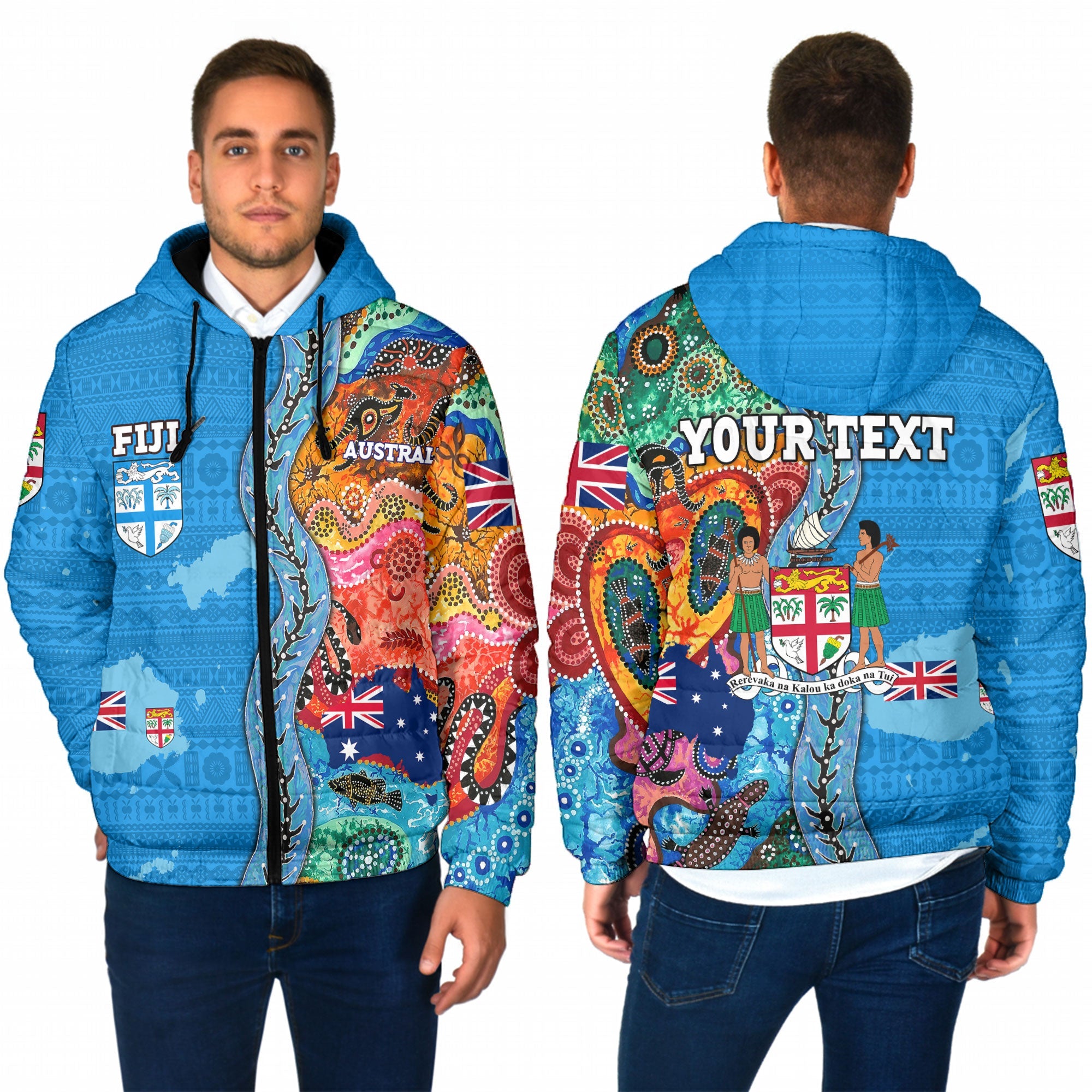 Custom Fiji Tapa & Australia Aboriginal Men Hooded Padded Jacket