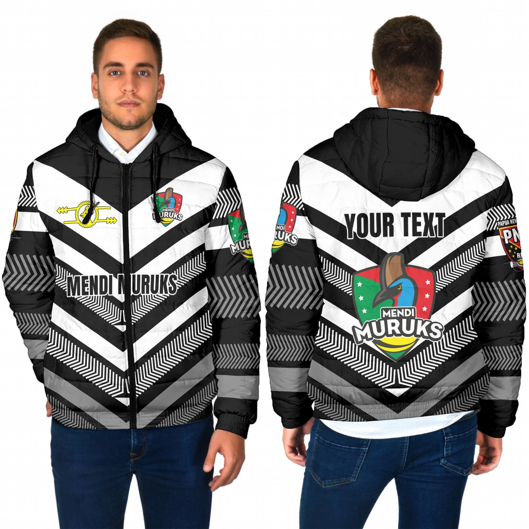 Custom Mendi Muruks Men Hooded Padded Jacket Papua New Guinea Rugby Black & White Style