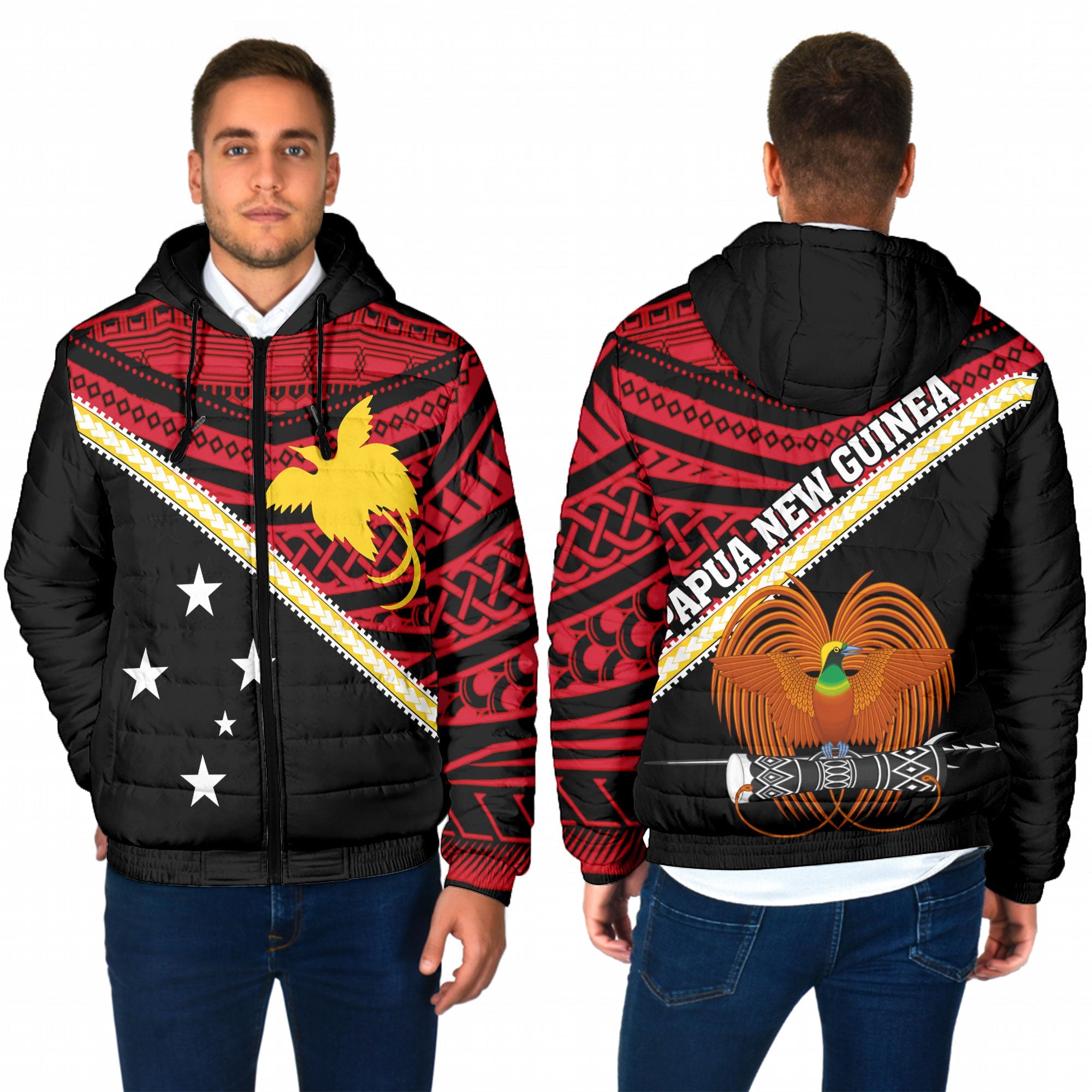 Papua New Guinea Men Hooded Padded Jacket Polynesian Flag Style