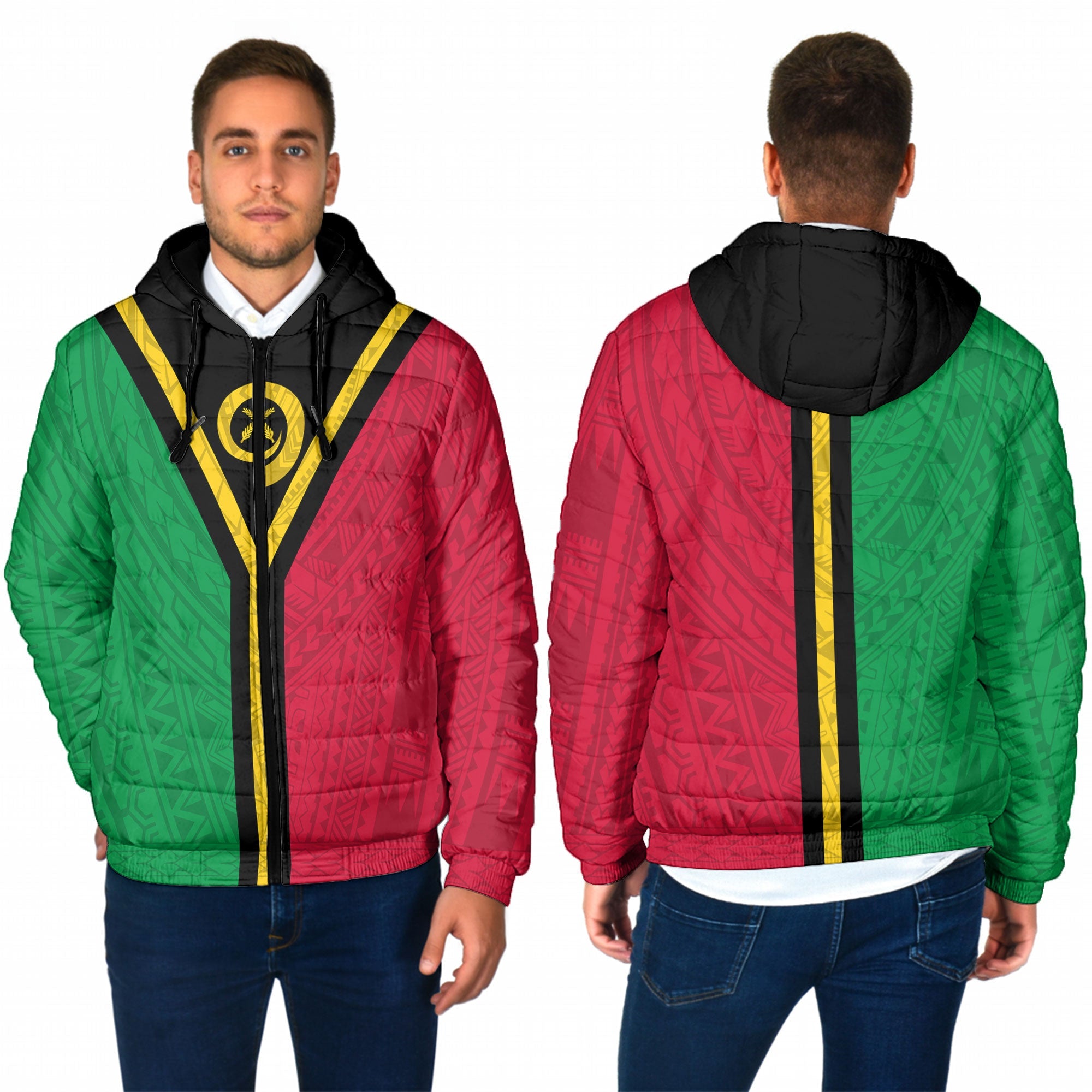 Vanuatu Men Hooded Padded Jacket Polynesian Flag Style