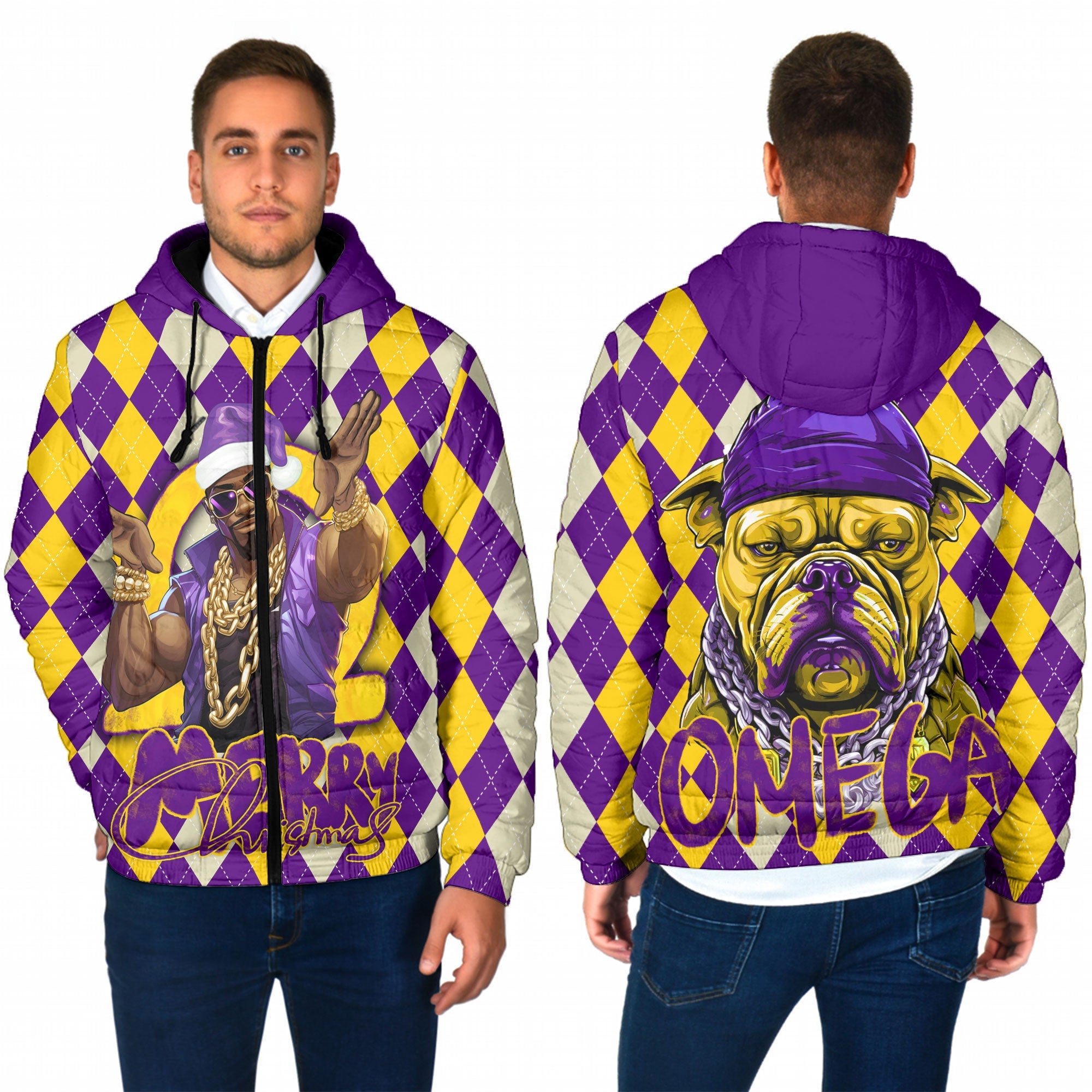 Fraternity Jacket - OPP Christmas Men Hooded Padded Jacket Bulldog Purple Gold Caro Pattern Style