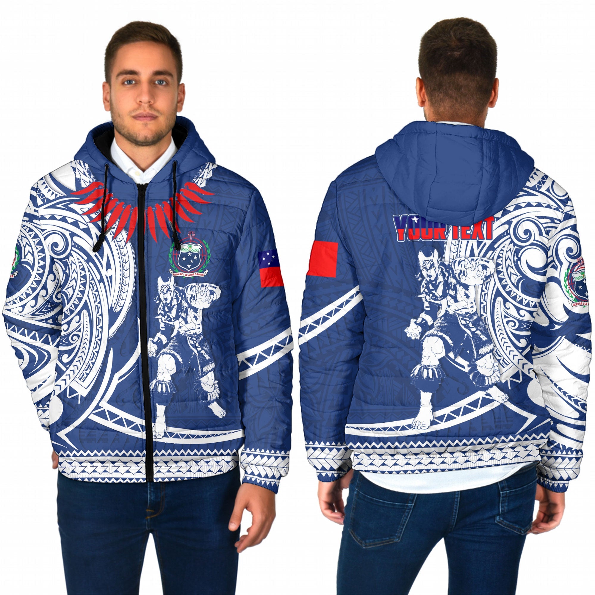 Custom Samoa Men Hooded Padded Jacket Warrior Ula Nifo Style