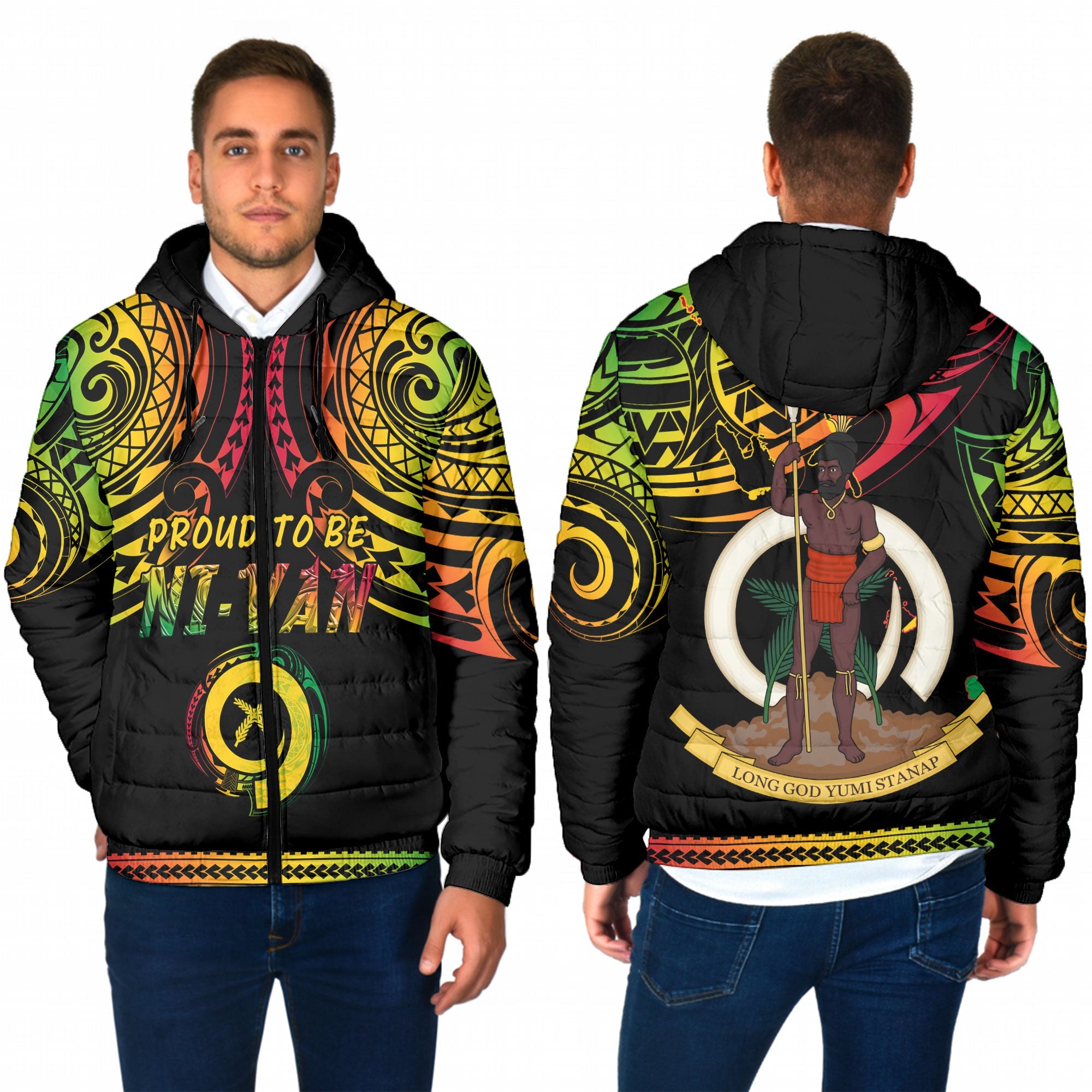 Vanuatu Proud To Be Ni-Van Men Hooded Padded Jacket Coat Of Arms Reggae Style