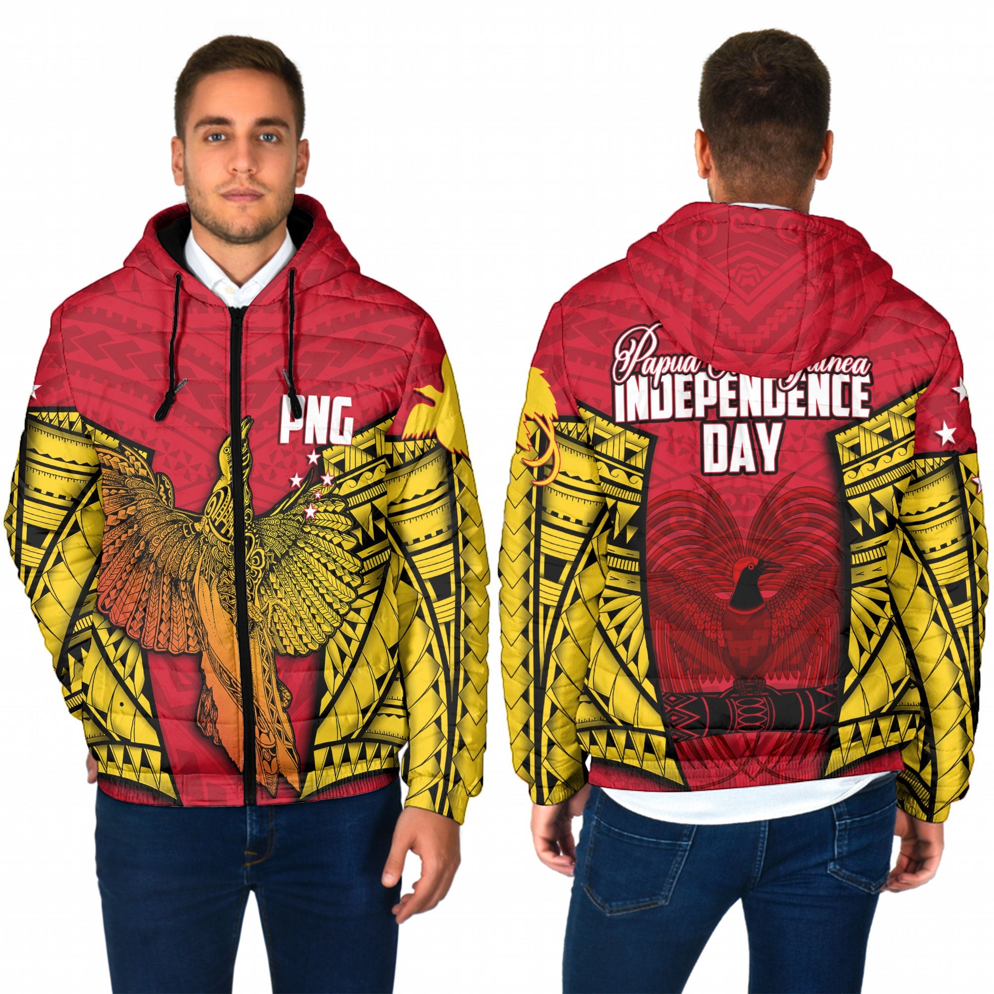 Papua New Guinea Independence Day Men Hooded Padded Jacket Raggiana Bird of Paradise Style