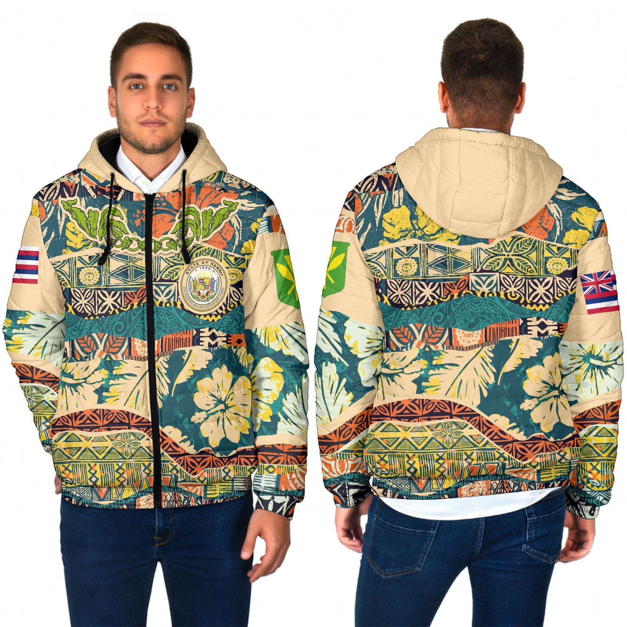 Hawaii Flag Men Hooded Padded Jacket Coat Of Arm Style