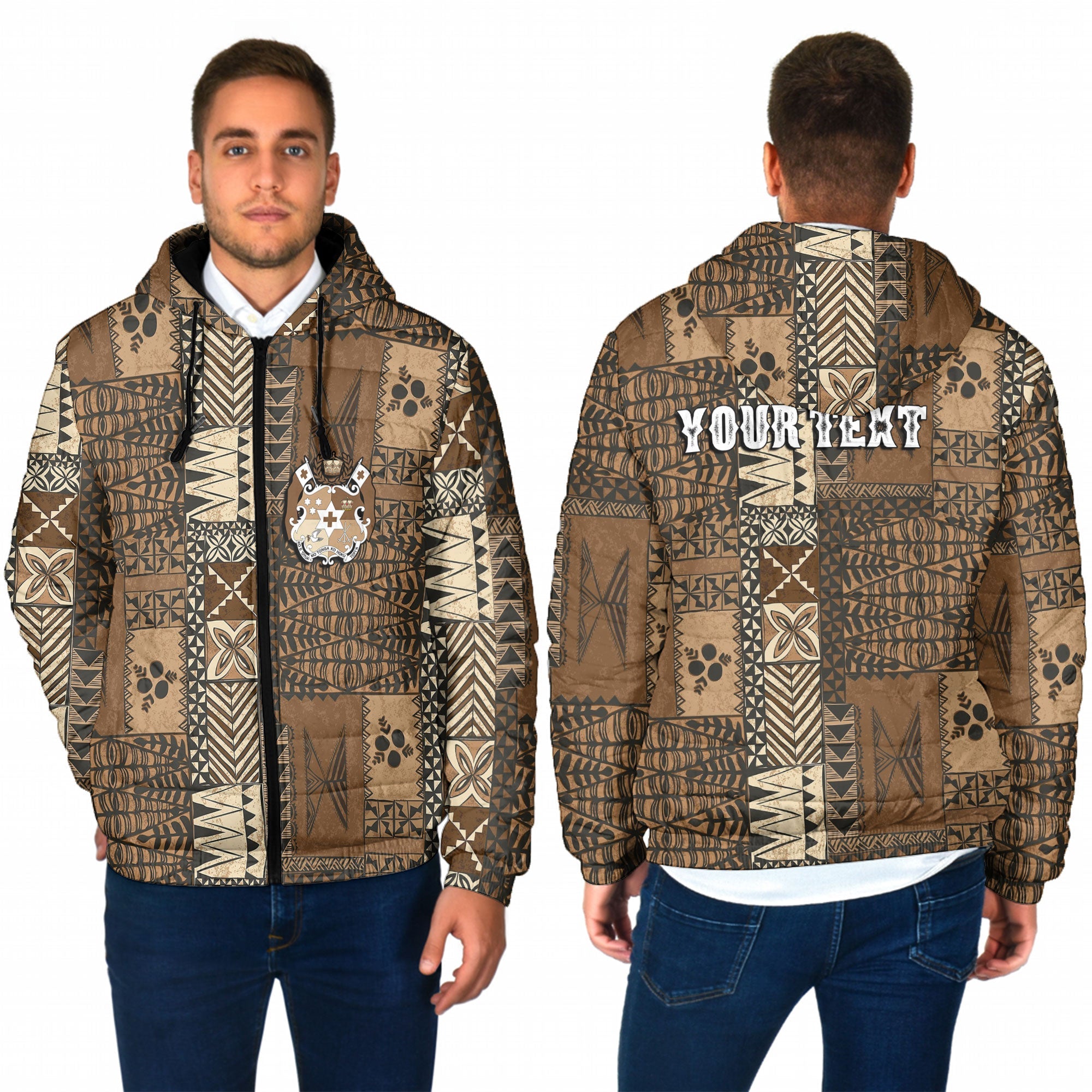 Custom Tonga Men Hooded Padded Jacket Ngatu Tapa Style