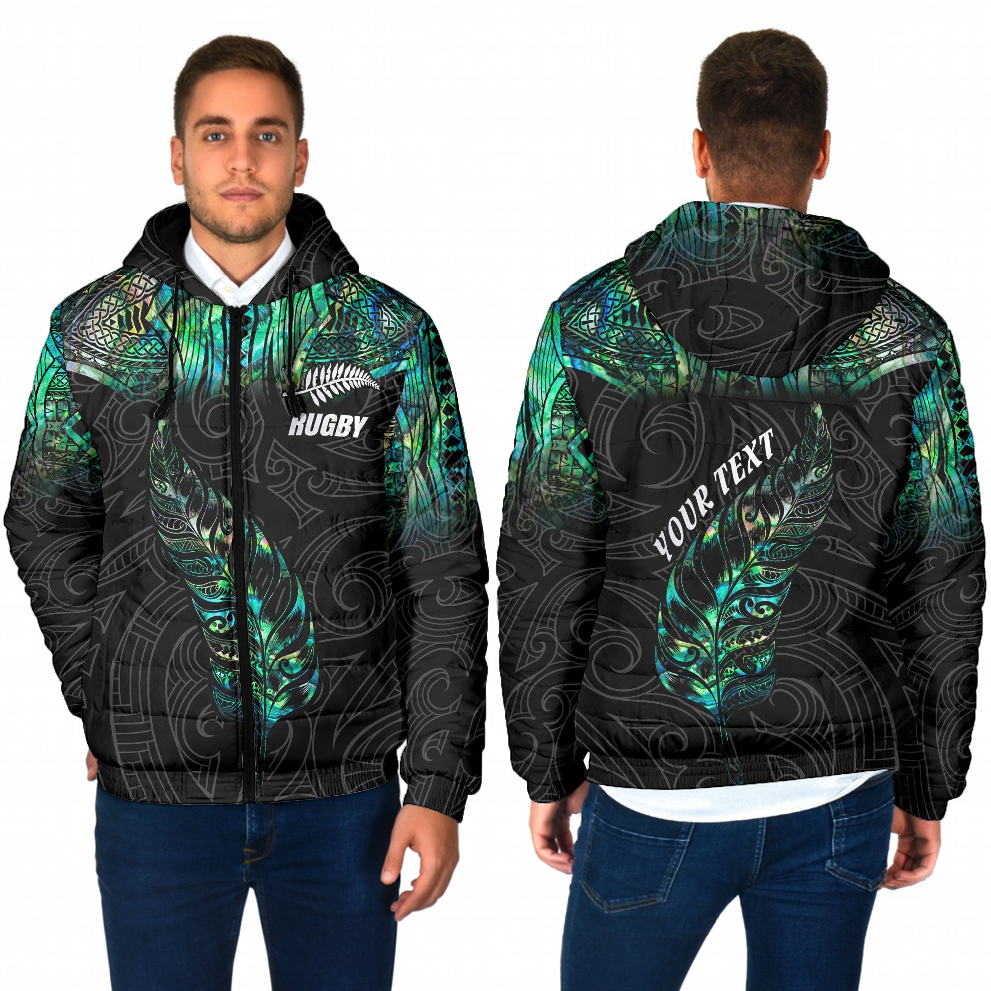 Custom New Zealand Rugby Men Hooded Padded Jacket Maori mix Paua Shell Rugby Silver Fern Aotearoa - LH1