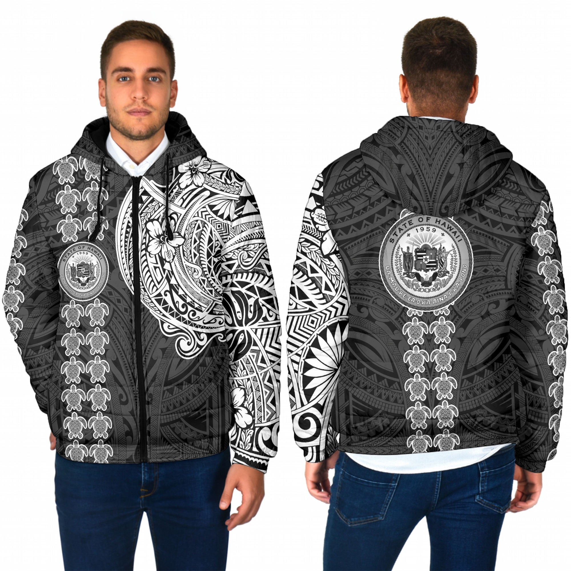 Hawaii Seal Polynesian Turtle Line Men Hooded Padded Jacket