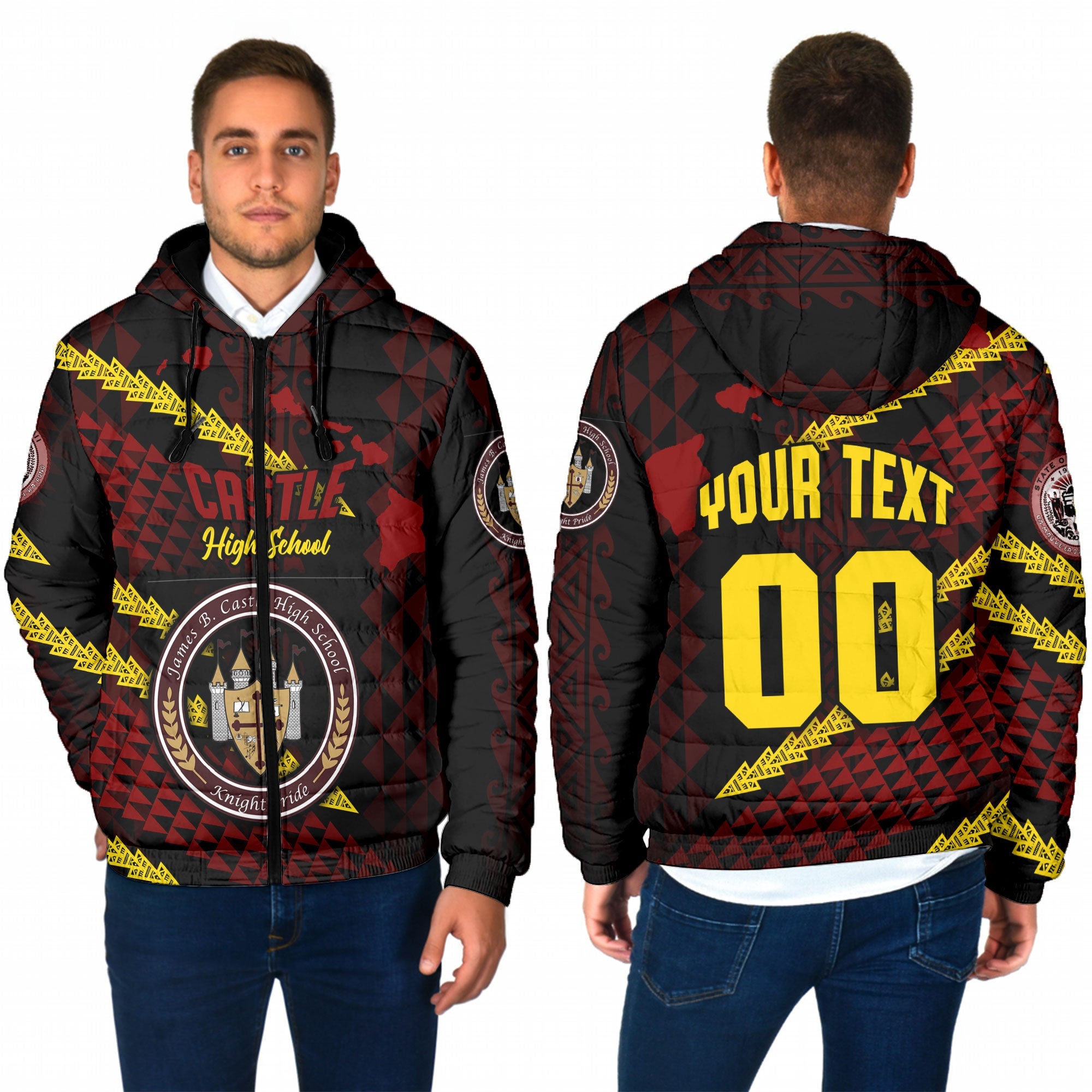 Hawaii Castle High School Custom Men Hooded Padded Jacket Map Style