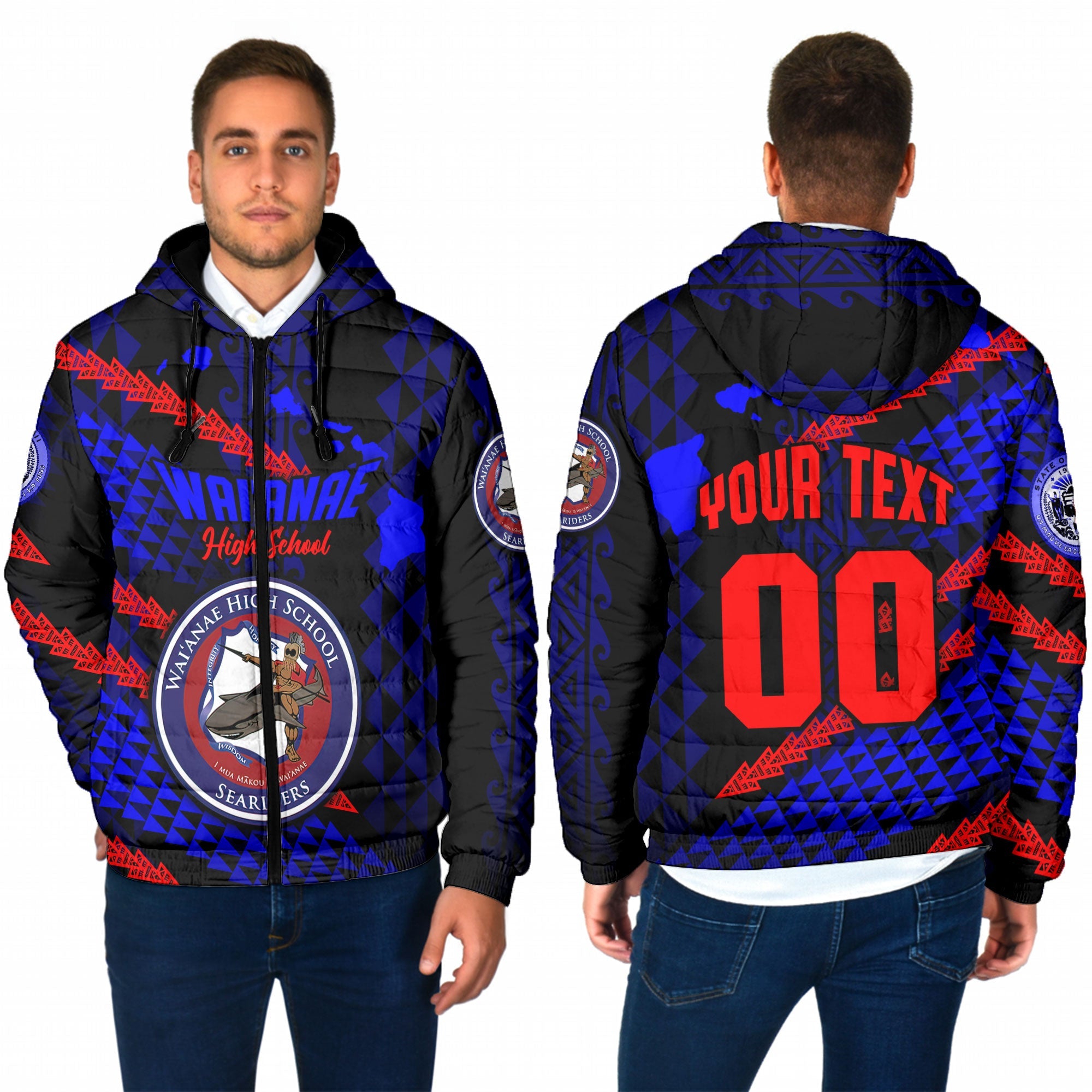 Hawaii Waianae High School Custom Men Hooded Padded Jacket Map Style