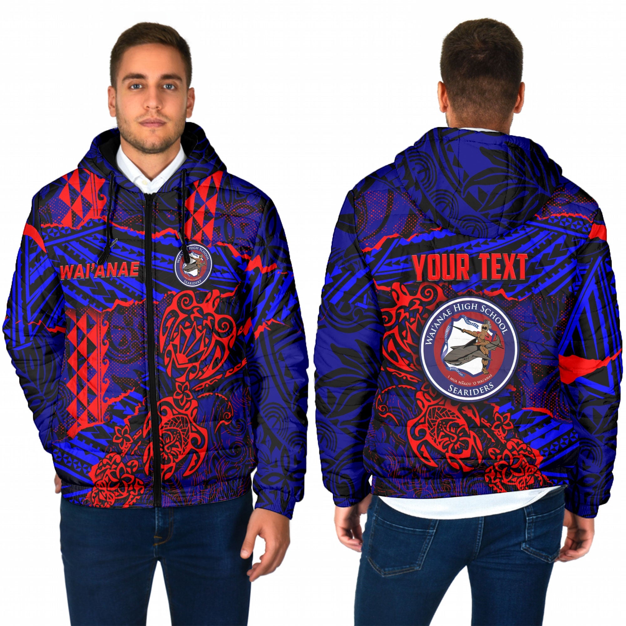 Hawaii Waianae High School Custom Men Hooded Padded Jacket Polynesian Turtle Style