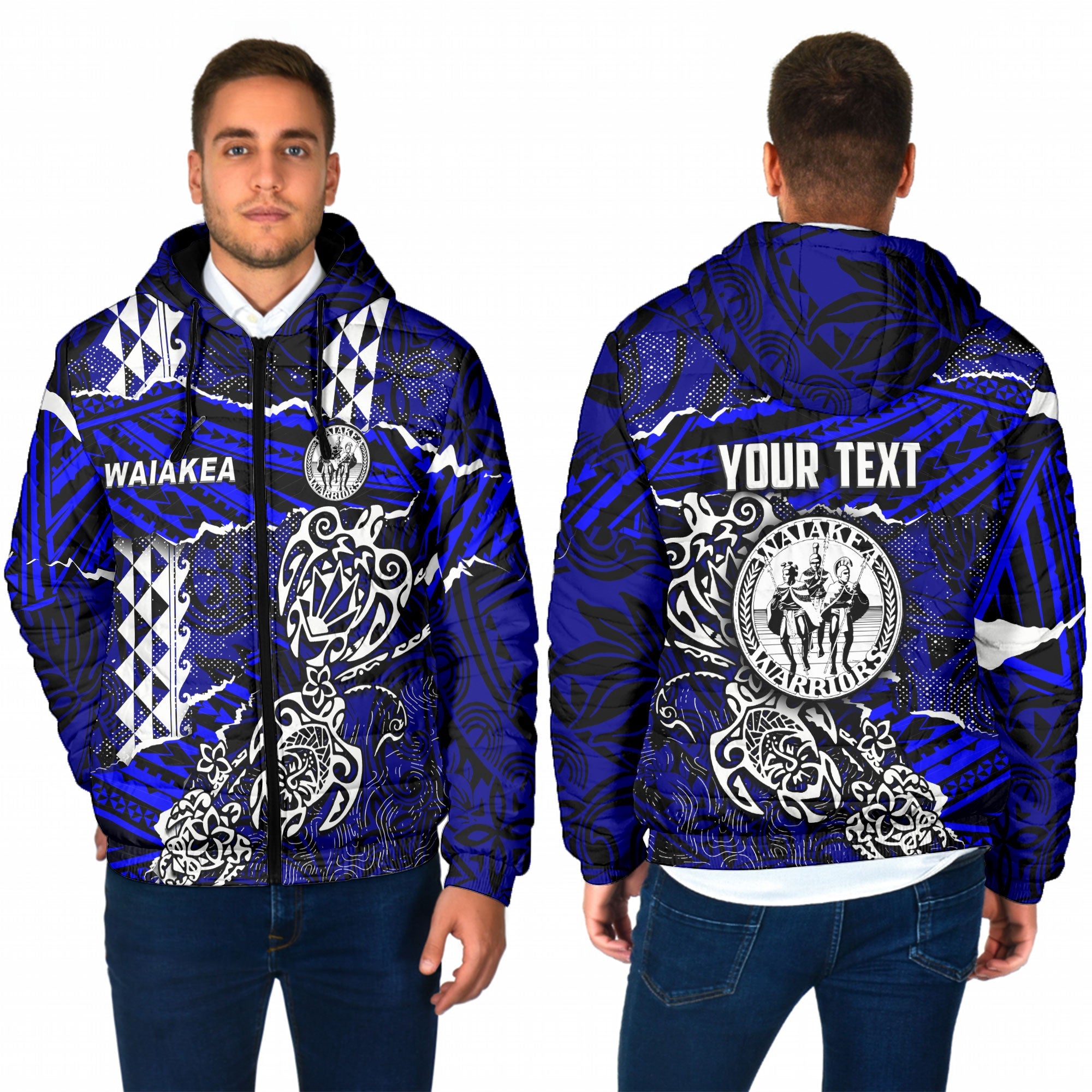 Hawaii Waiakea High School Custom Men Hooded Padded Jacket Polynesian Turtle Style