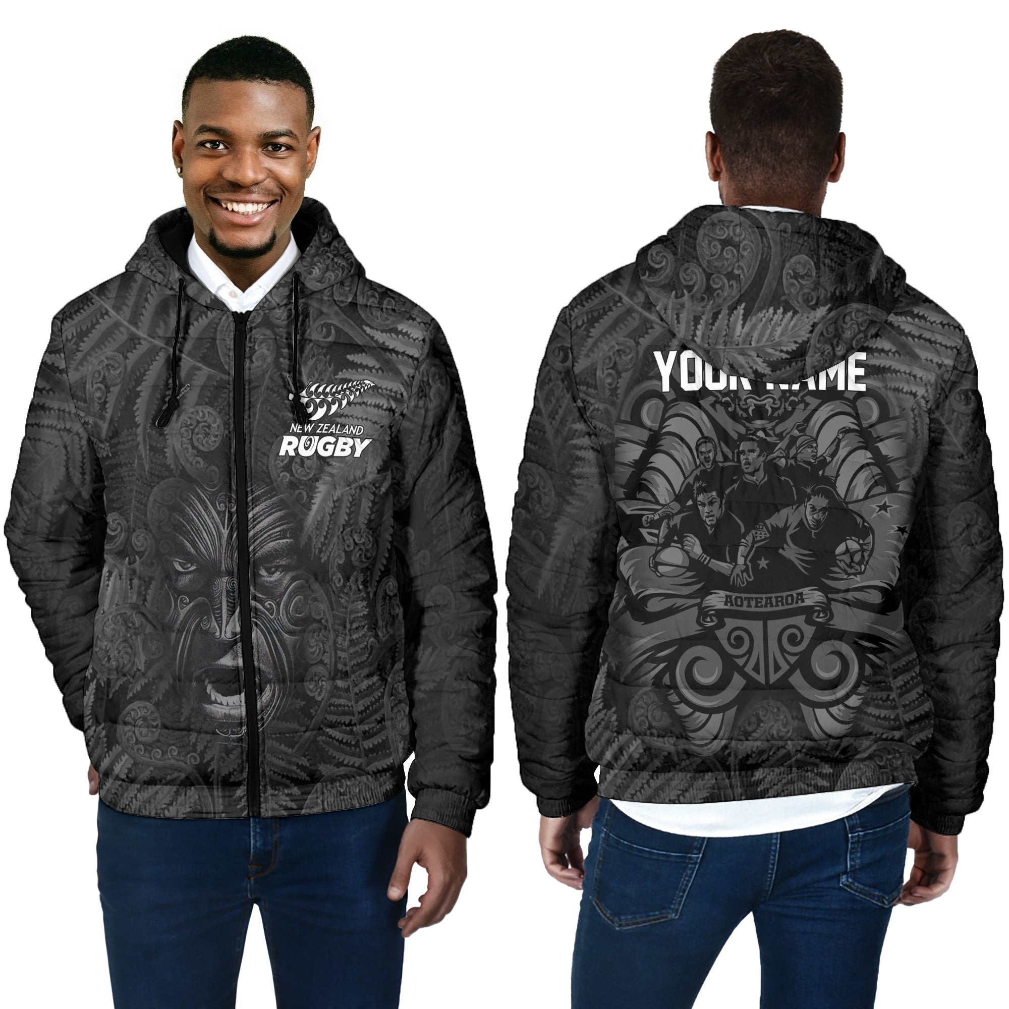 Custom New Zealand Rugby Men Hooded Padded Jacket Silver Fern & Maori Warrior Style