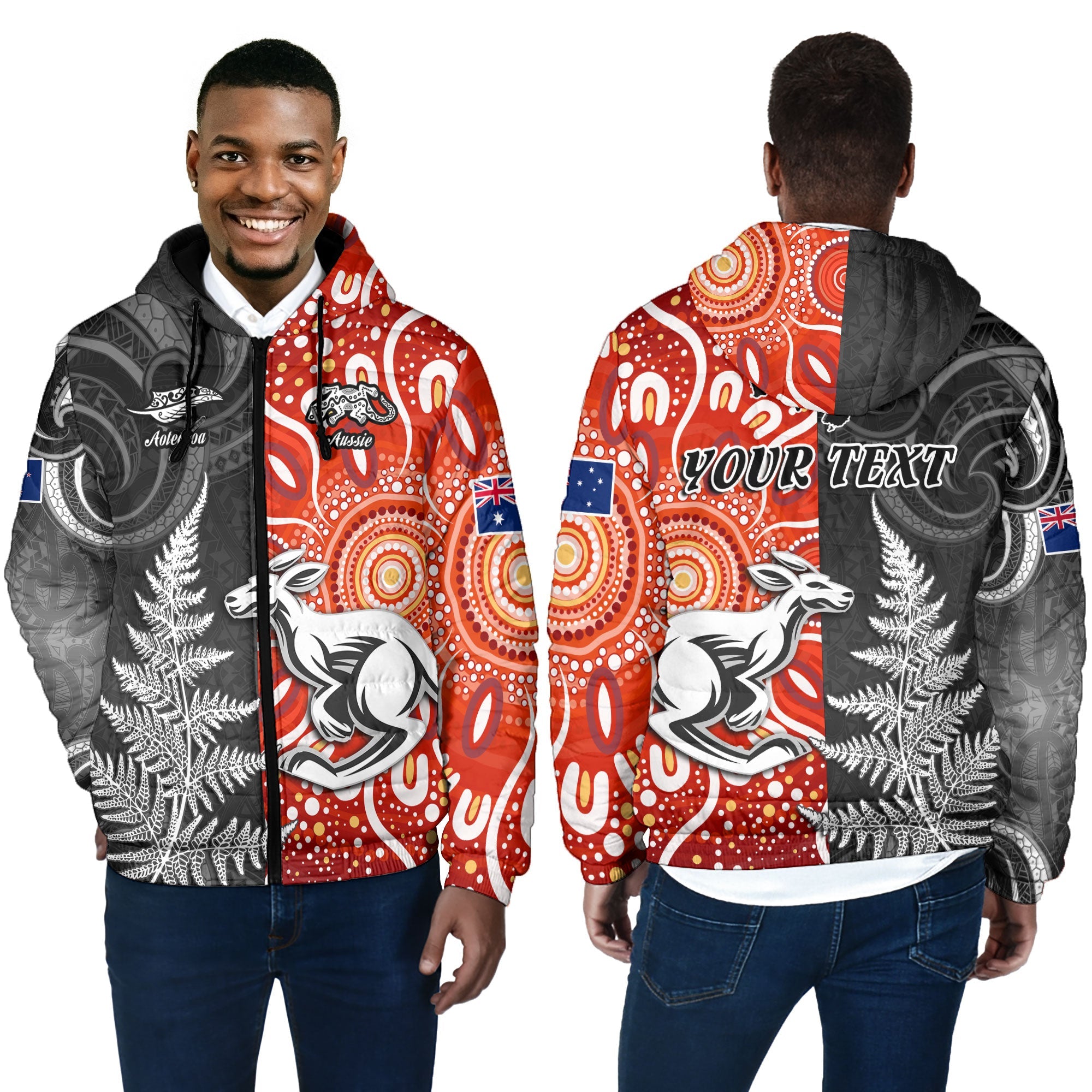 Custom New Zealand Rugby Men Hooded Padded Jacket Aotearoa Silver Fern & Aussie Kangaroo Maori & Aboriginal - LH1