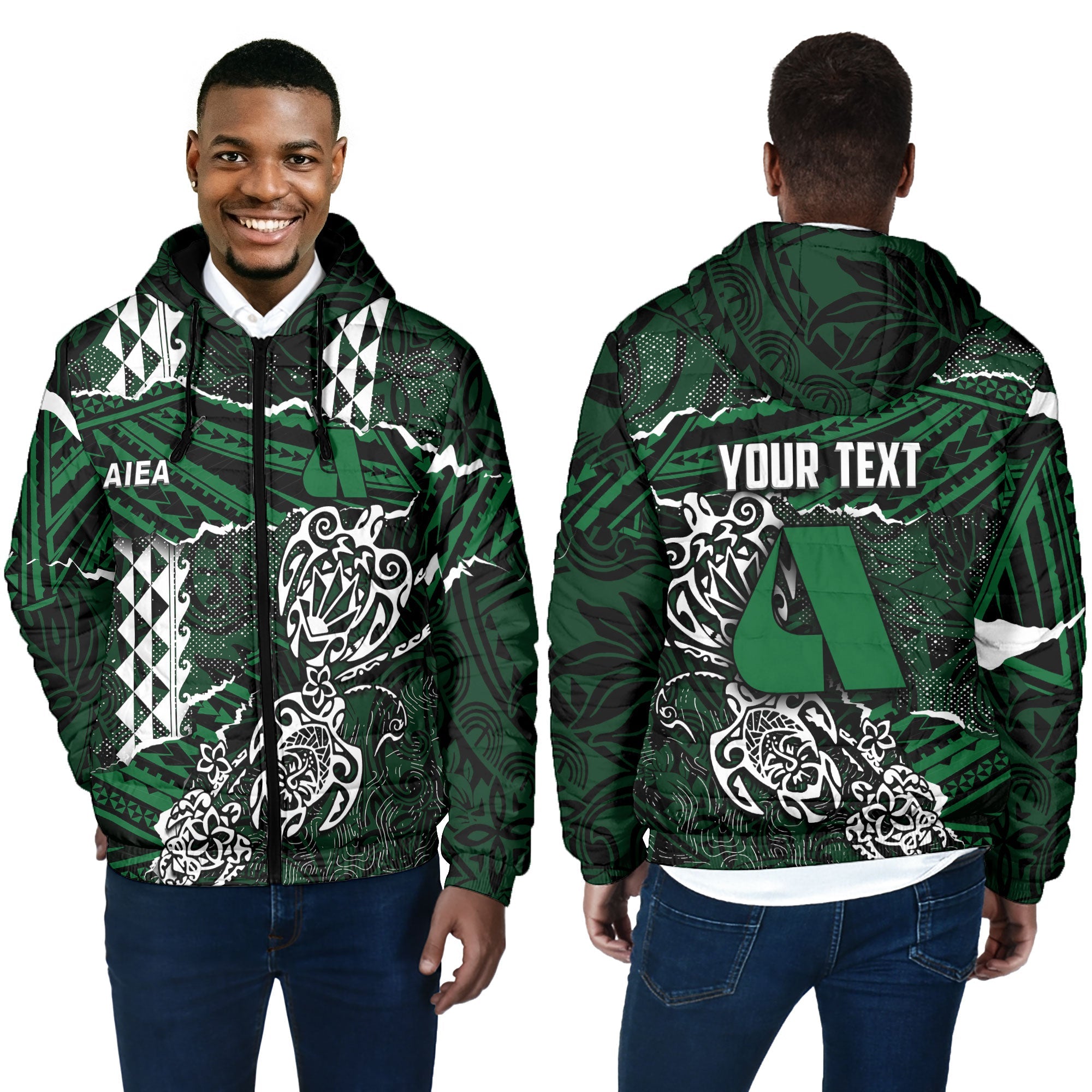 Hawaii Aiea High School Custom Men Hooded Padded Jacket Polynesian Turtle Style