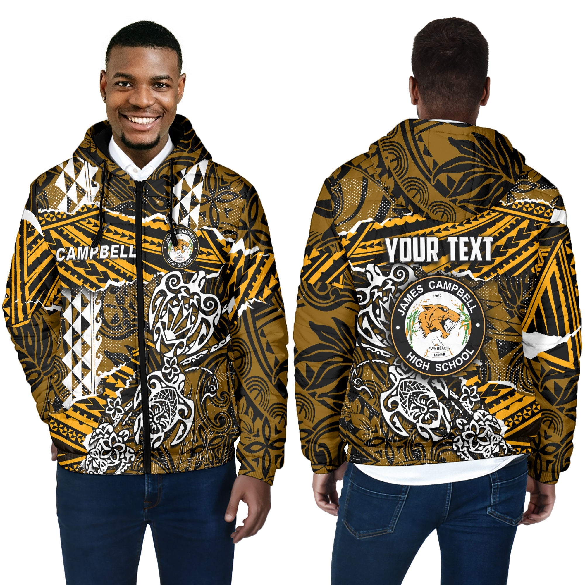 Hawaii James Campbell High School Custom Men Hooded Padded Jacket Polynesian Turtle Style