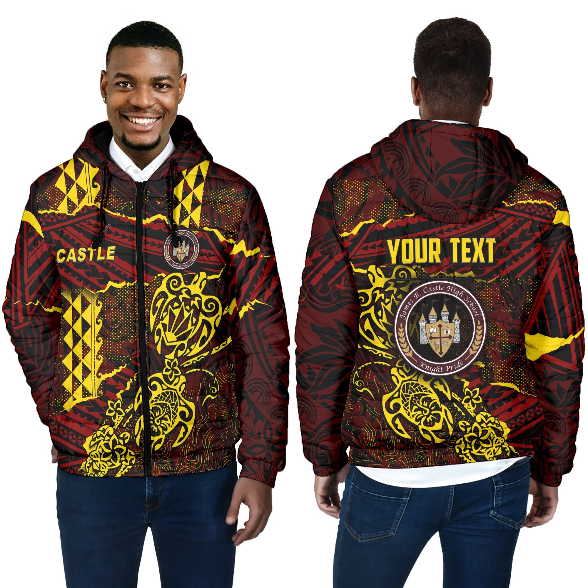 Hawaii Castle High School Custom Men Hooded Padded Jacket Polynesian Turtle Style