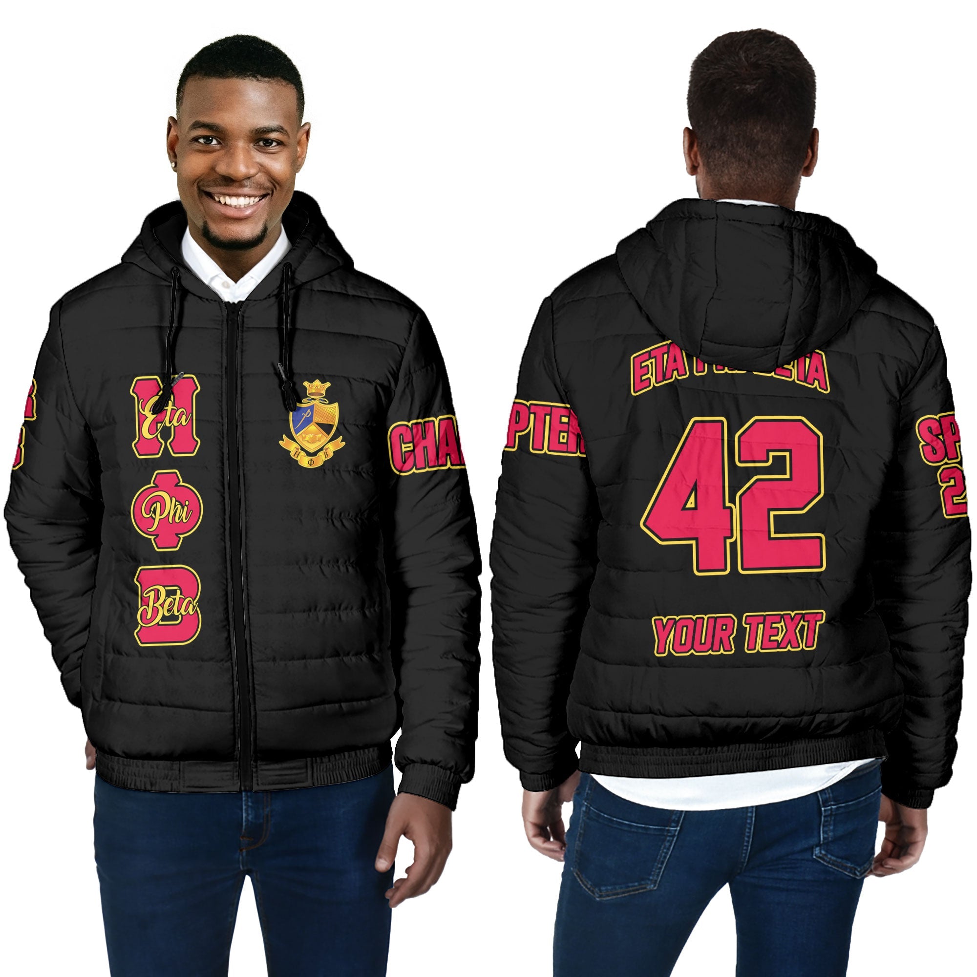 Sorority Jacket - Personalized Eta Phi Beta Men Hooded Padded Jacket Original Black Style