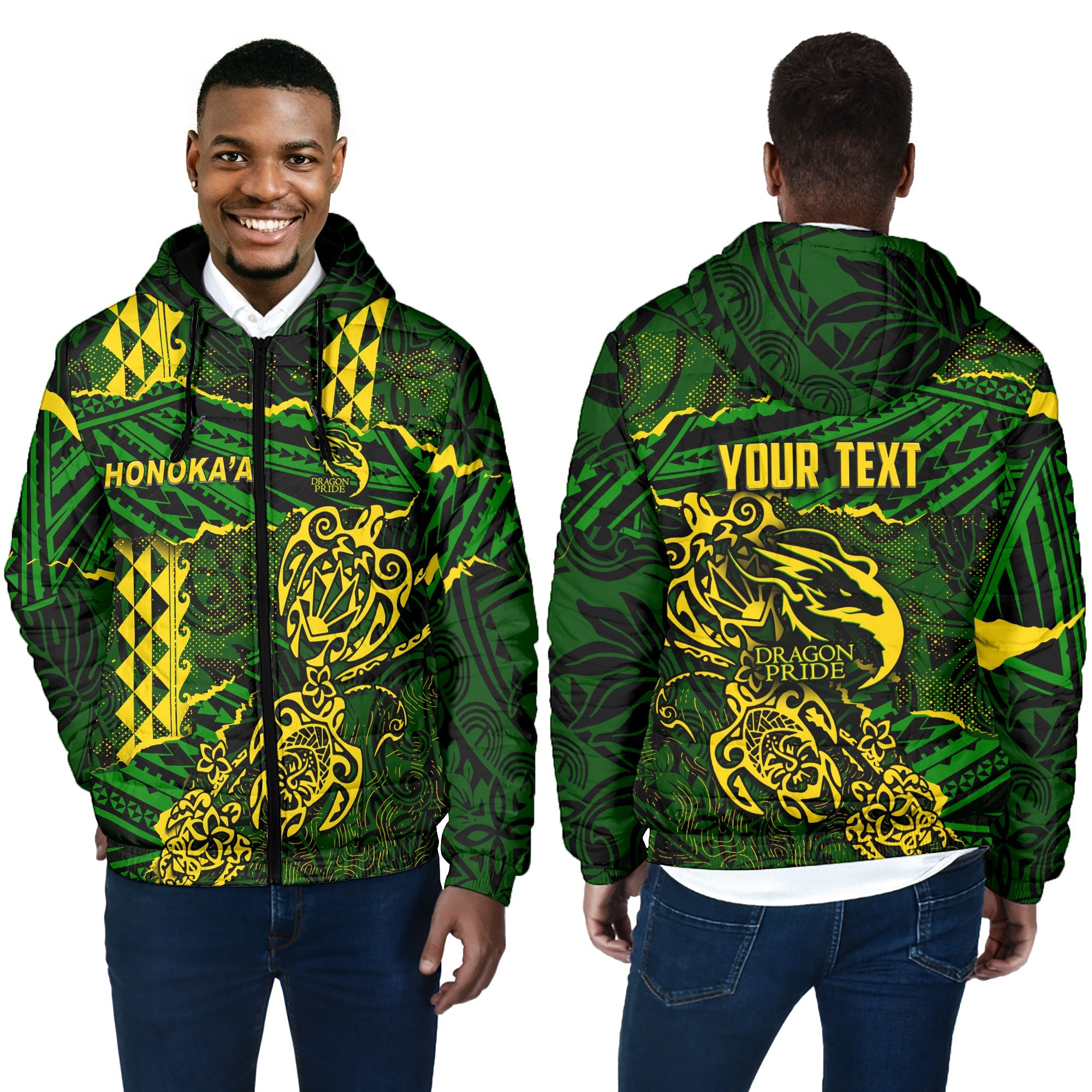 Hawaii Honoka High & Intermediate School Custom Men Hooded Padded Jacket Polynesian Turtle Style