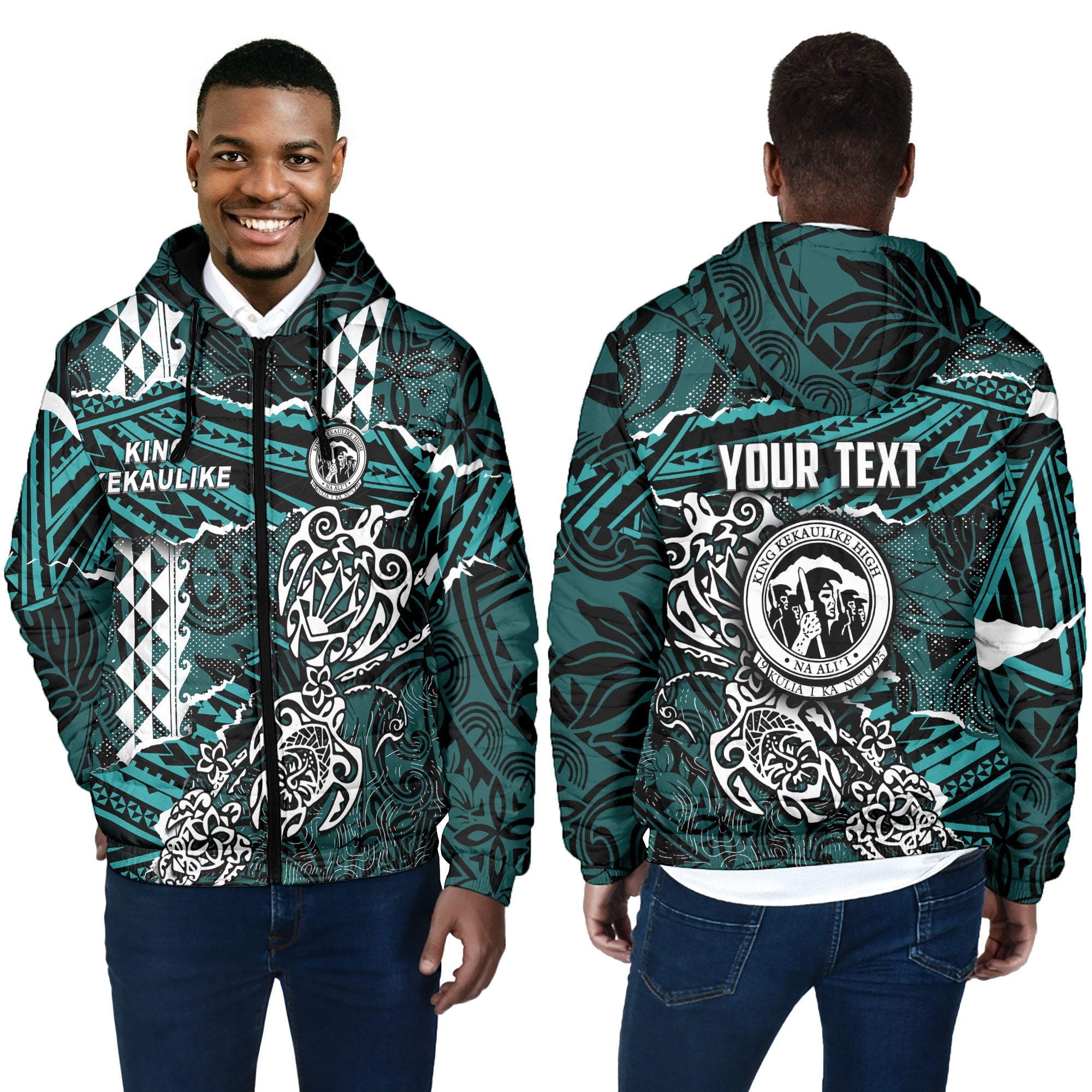 Hawaii King Kekaulike High School Custom Men Hooded Padded Jacket Polynesian Turtle Style