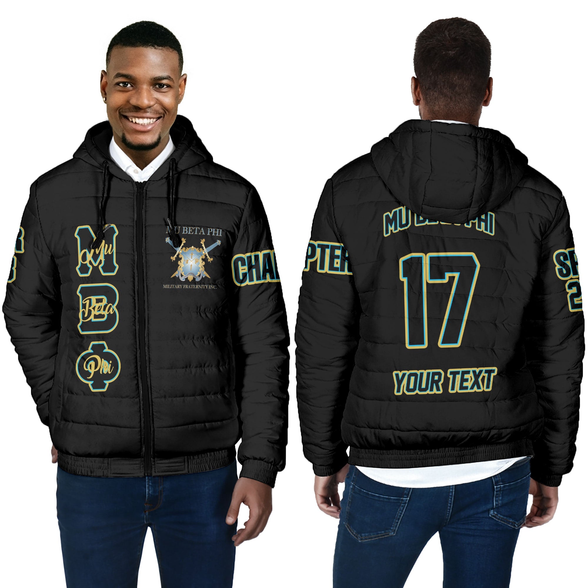 Fraternity Jacket - Personalized Mu Beta Phi Men Hooded Padded Jacket Original Black Style