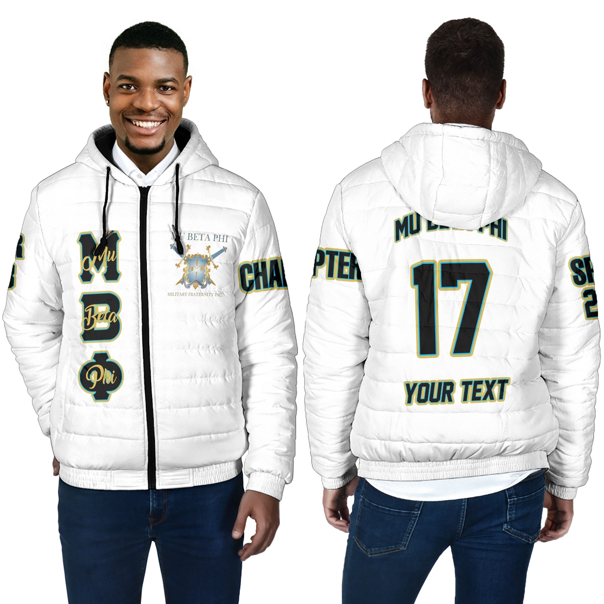 Fraternity Jacket - Personalized Mu Beta Phi Men Hooded Padded Jacket Original White Style