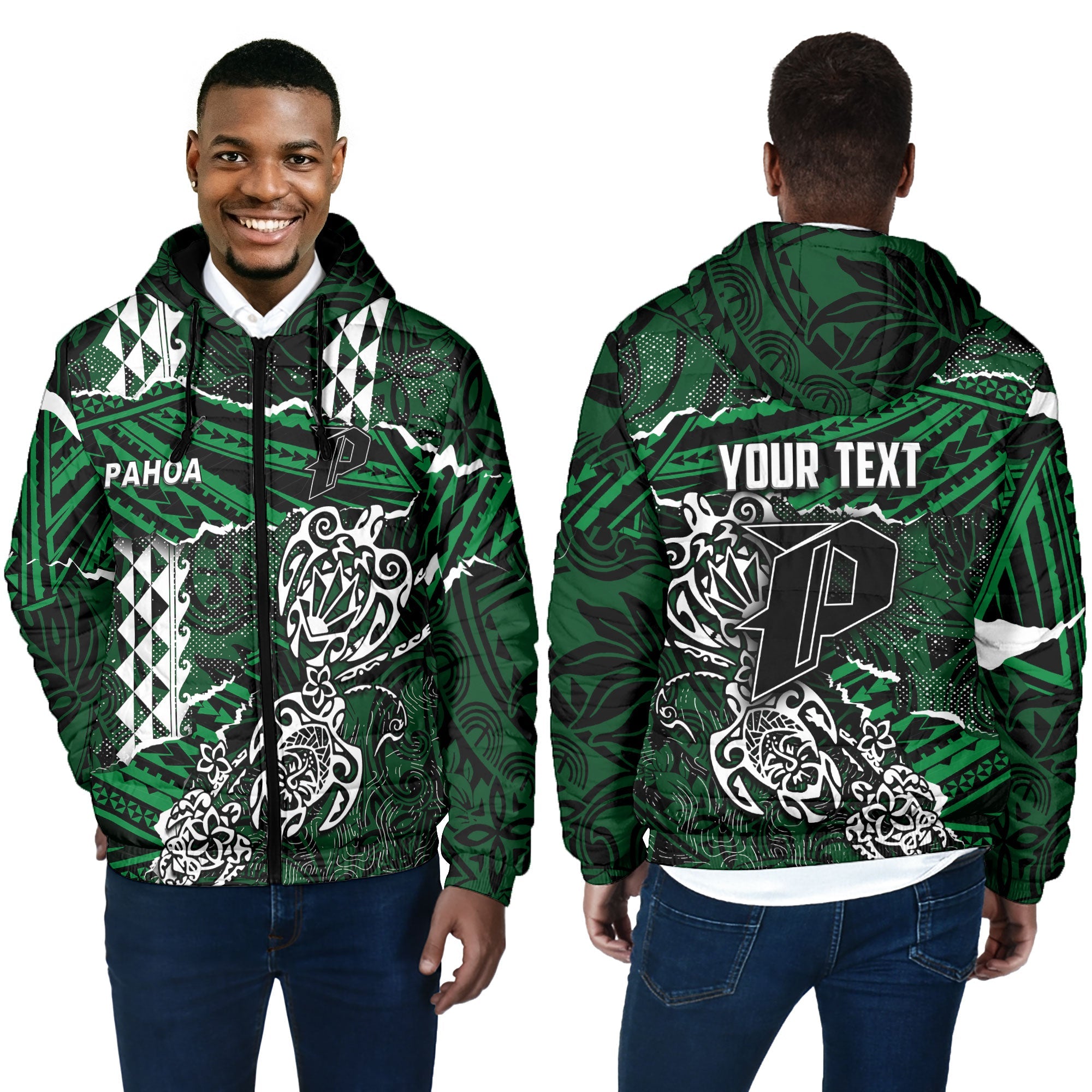 Hawaii Pahoa High & Intermediate School Custom Men Hooded Padded Jacket Polynesian Turtle Style