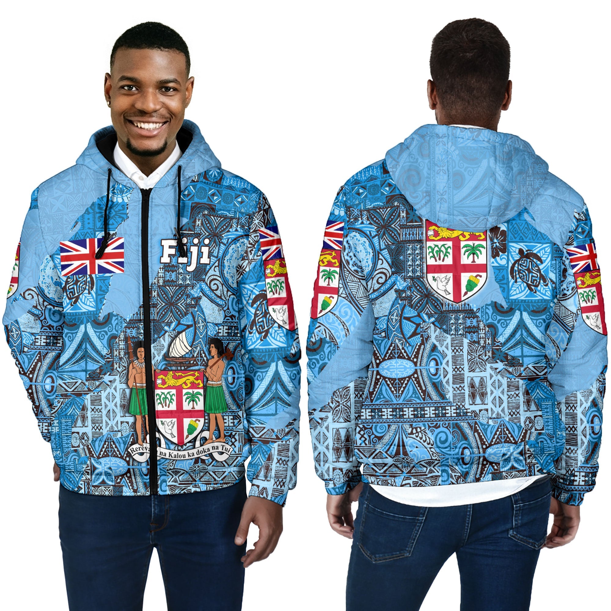 Fiji Flag & Coat Of Arms Men Hooded Padded Jacket