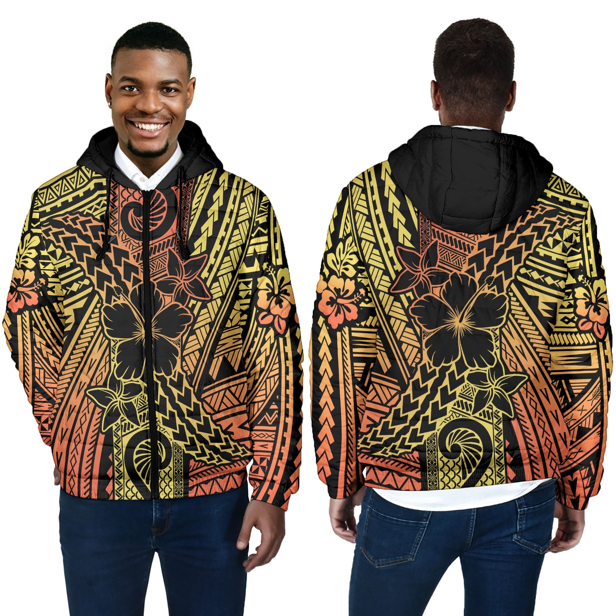 Hawaiian Reggae Men Hooded Padded Jacket Polynesian Hibiscus Style