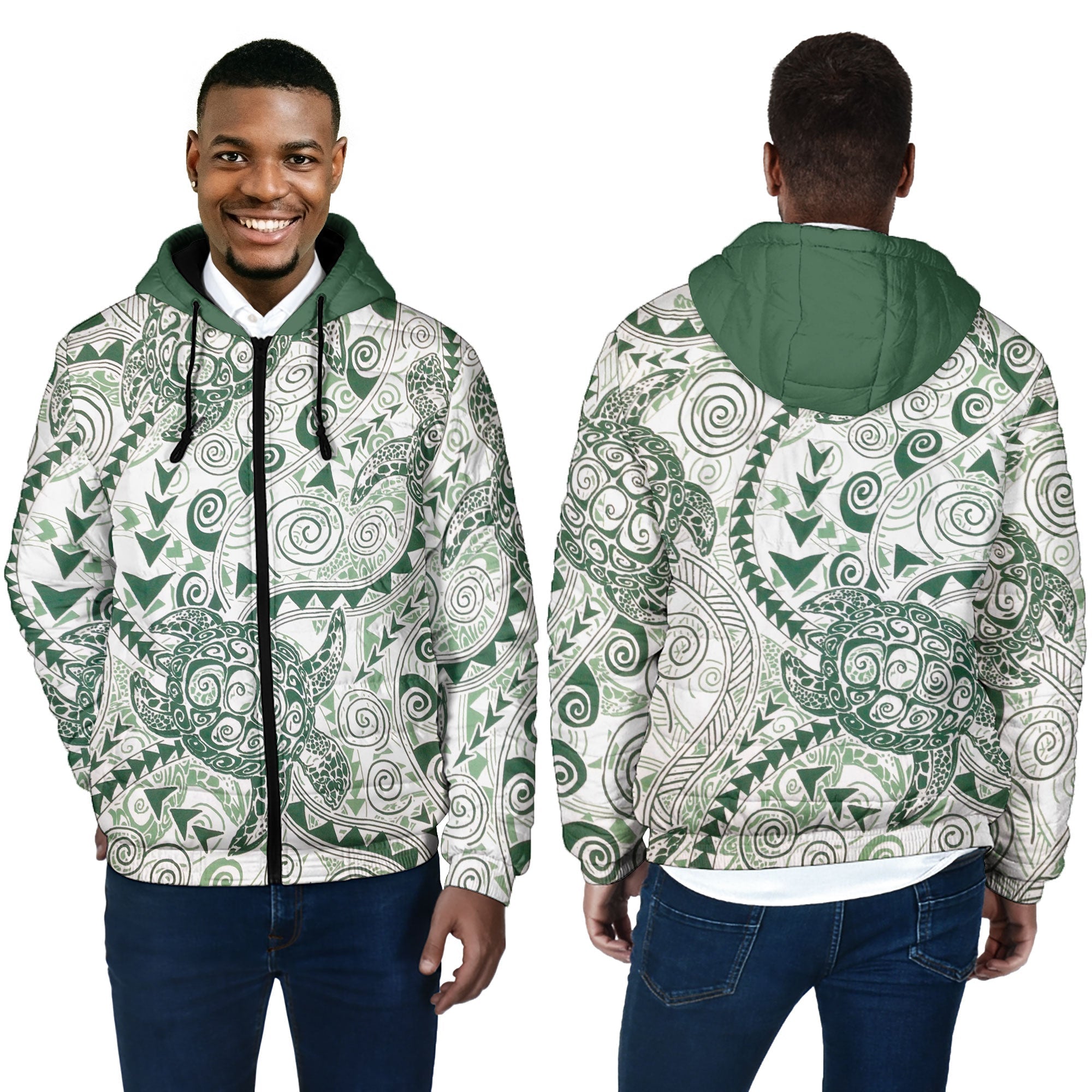 Hawaii Polynesian Turtle Men Hooded Padded Jacket Green Style