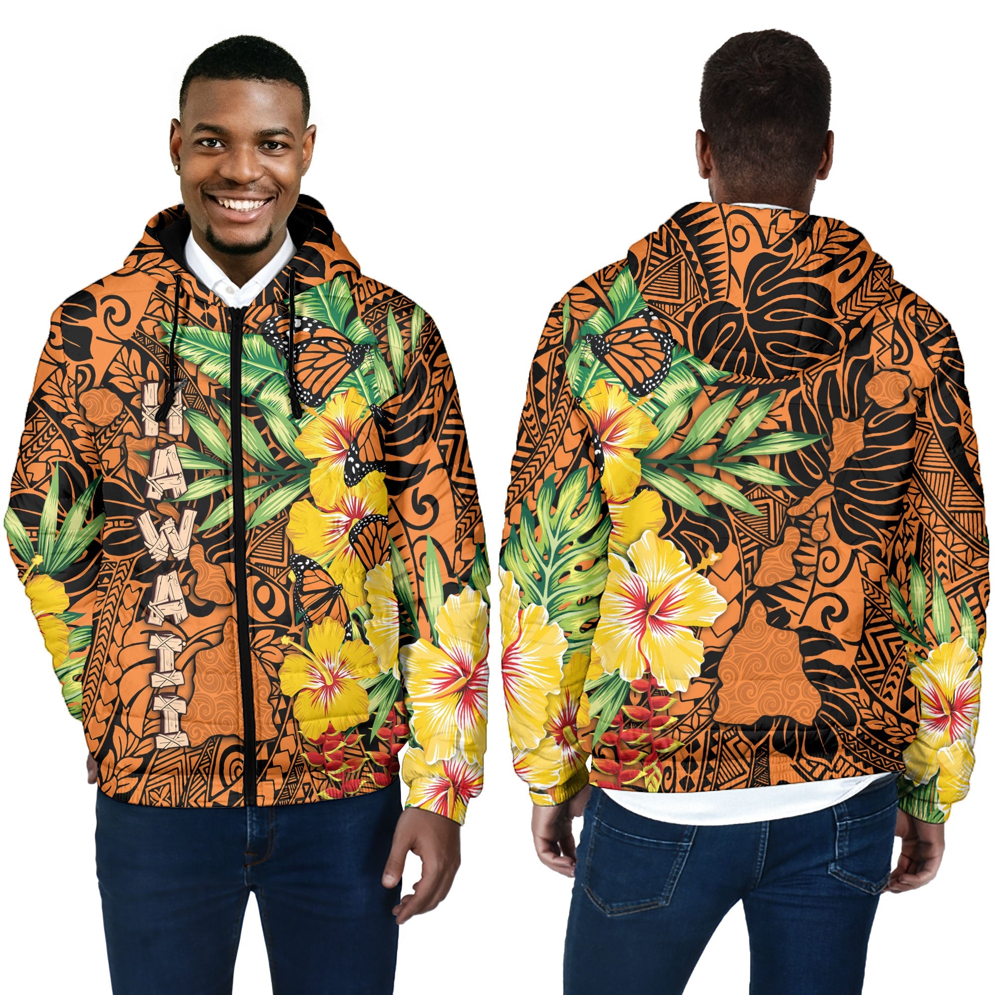 Hawaii Men Hooded Padded Jacket Kamehameha Butterfly Tropical Style