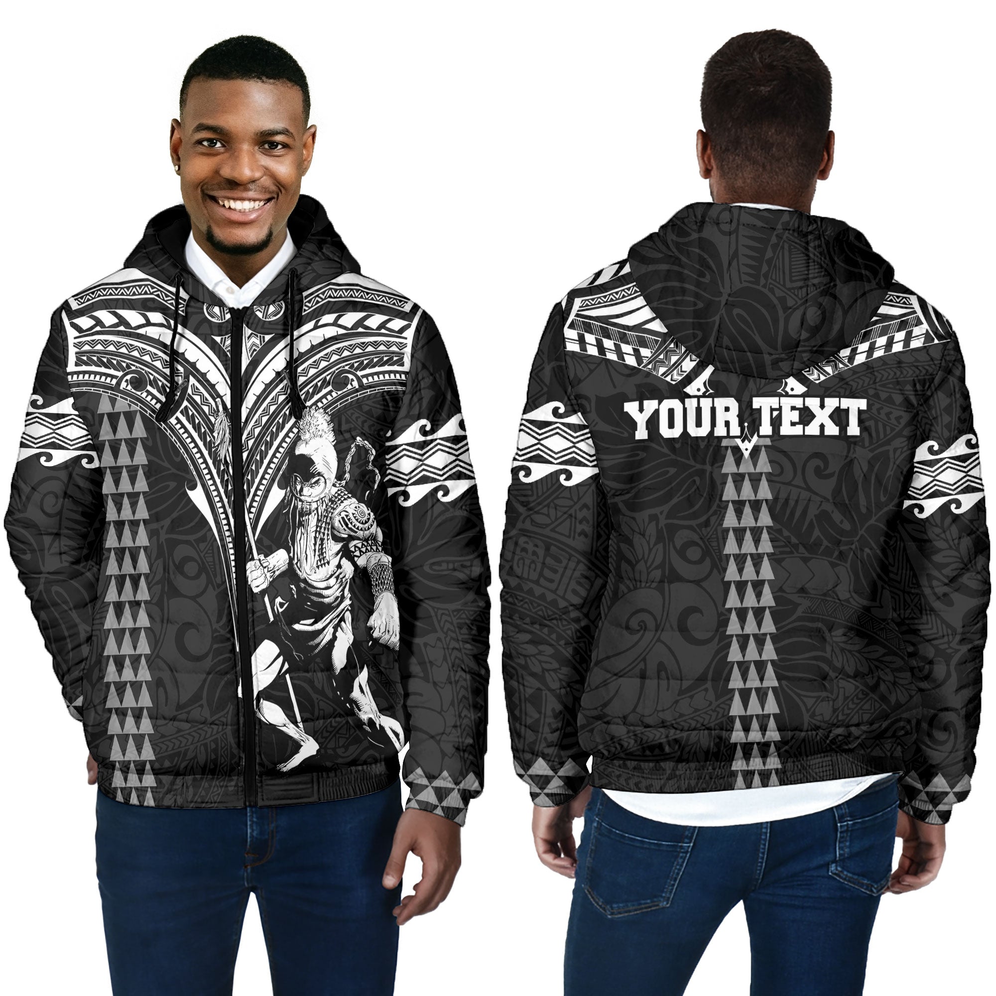 Custom Hawaii Ikaika Warrior Men Hooded Padded Jacket Polynesian Tattoo Style